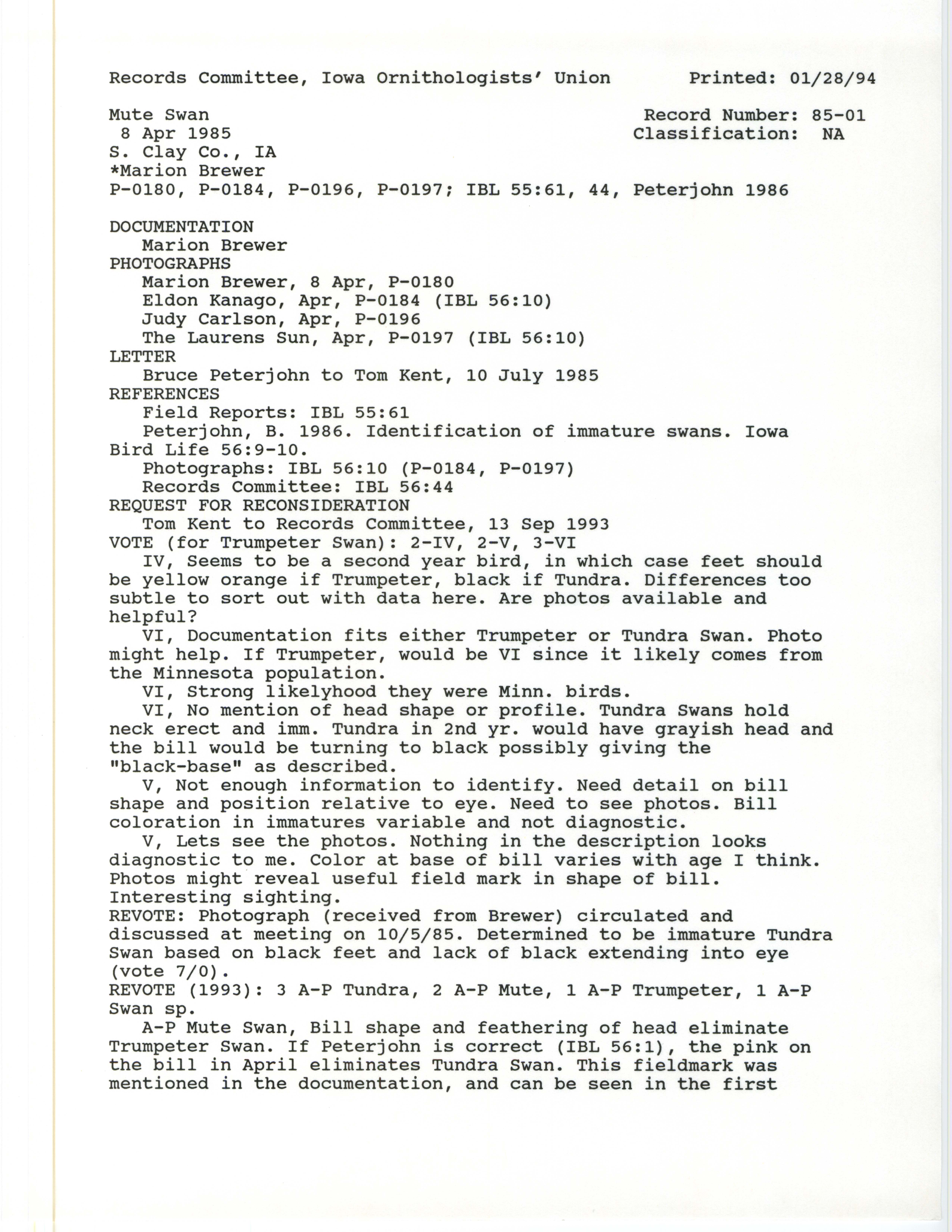 Records Committee review for rare bird sighting of Mute Swan at South Clay County, 1985