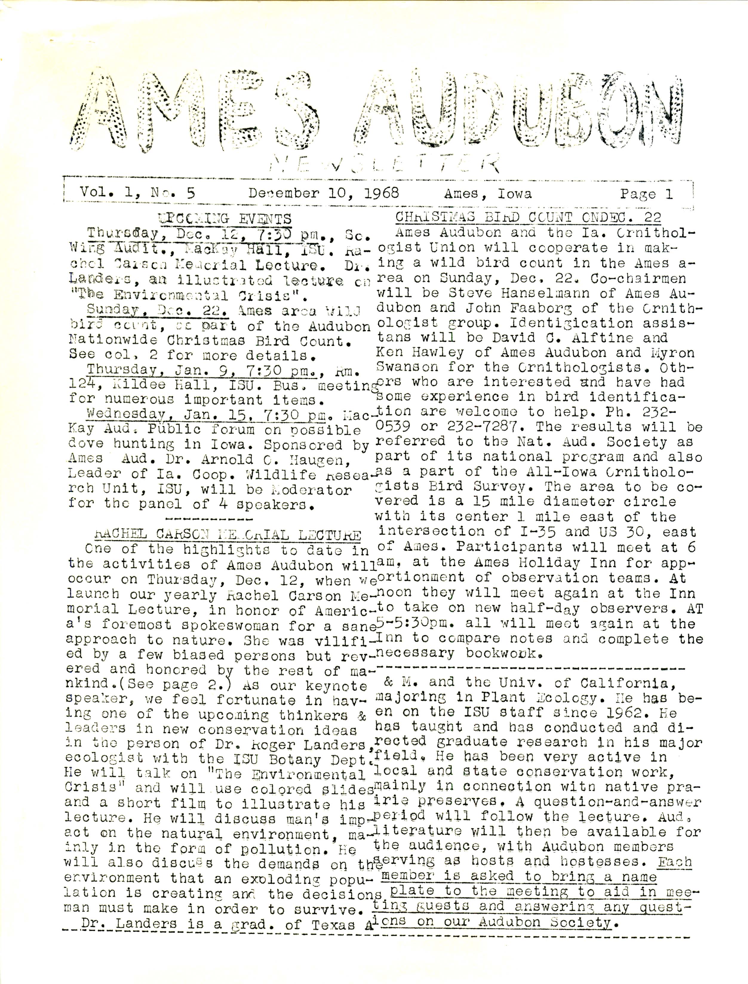 Ames Audubon Newsletter, Volume 1, Number 5, December 10, 1968