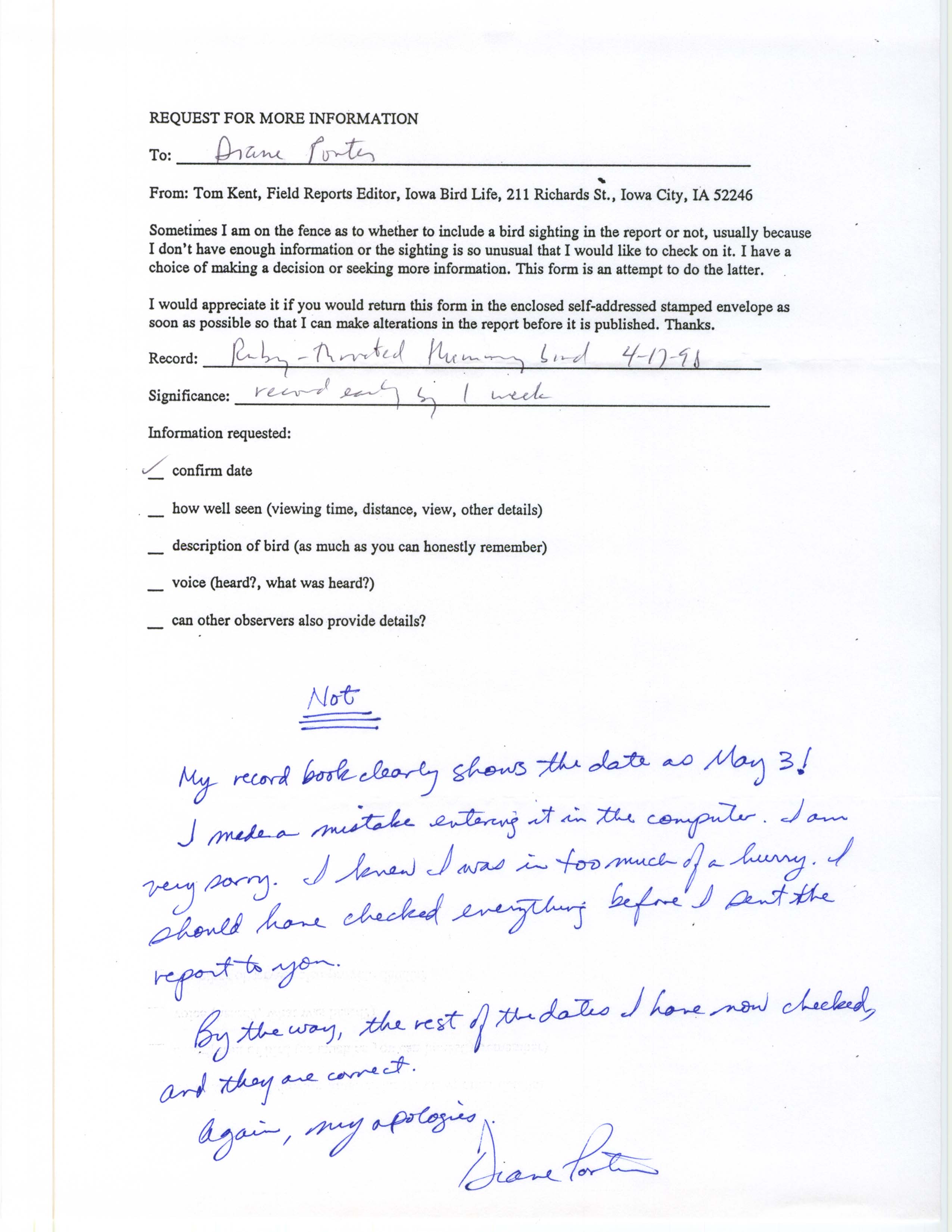 Thomas Kent letter to Diane Porter regarding request for more information, spring 1998