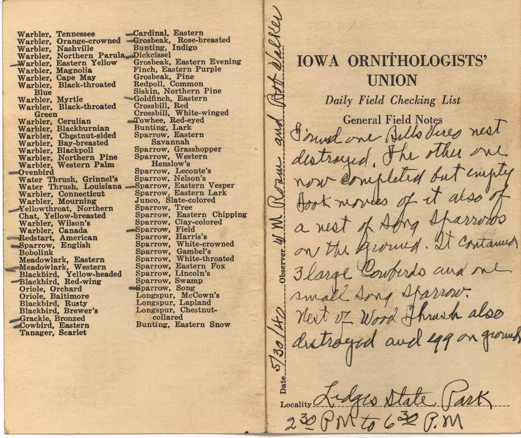 Daily field checking list by Walter Rosene, May 30, 1940