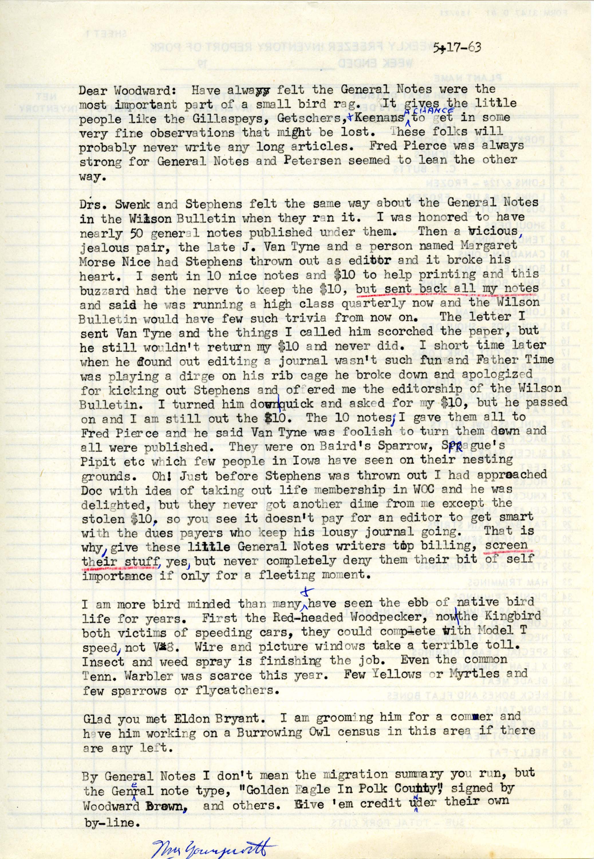 Bill Youngworth letter to Woodward Hart Brown regarding general bird notes, May 17, 1963