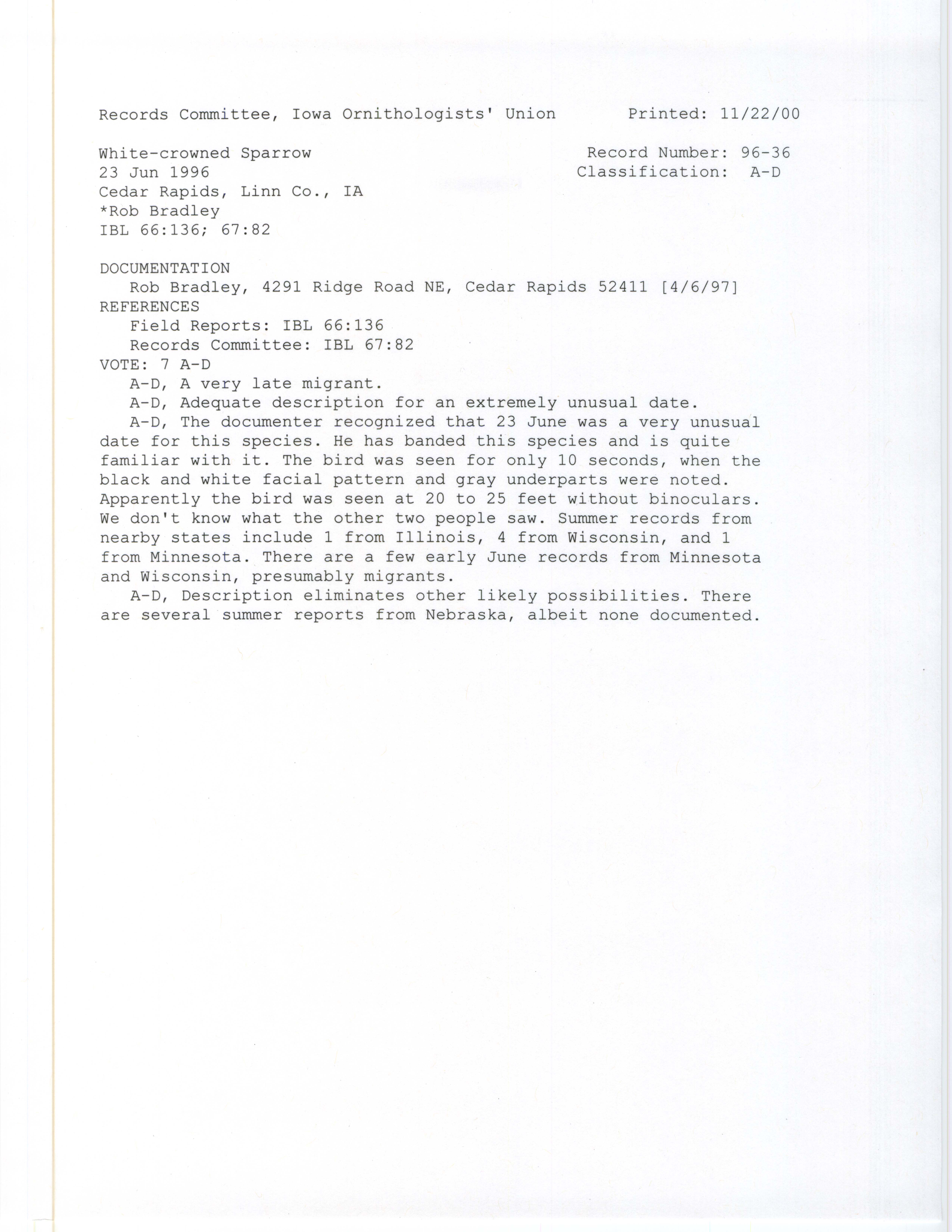 Records Committee review for rare bird sighting for White-crowned Sparrow at Cedar Rapids, 1996