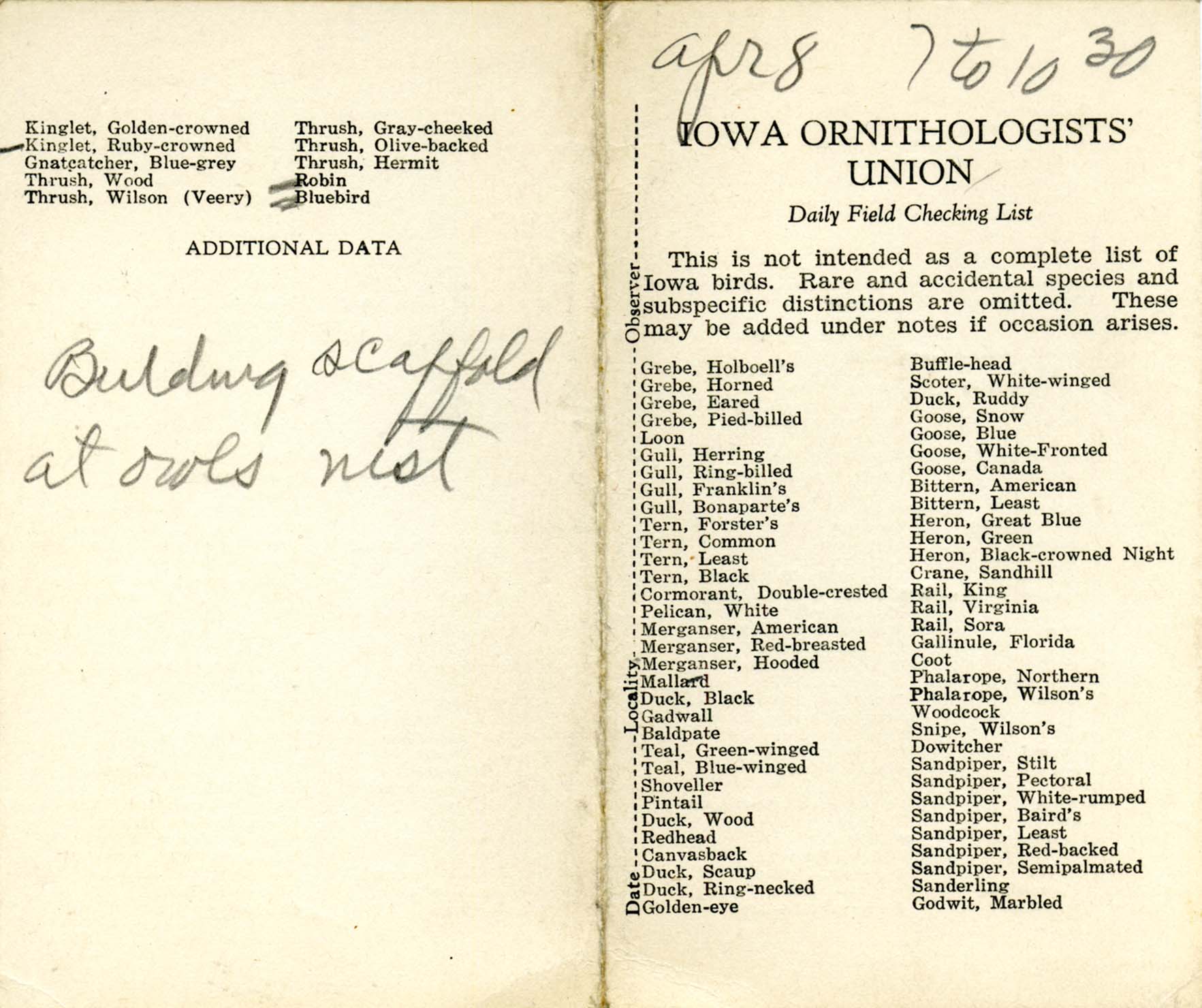 Daily field checking list, Walter Rosene,  April 8, 1932