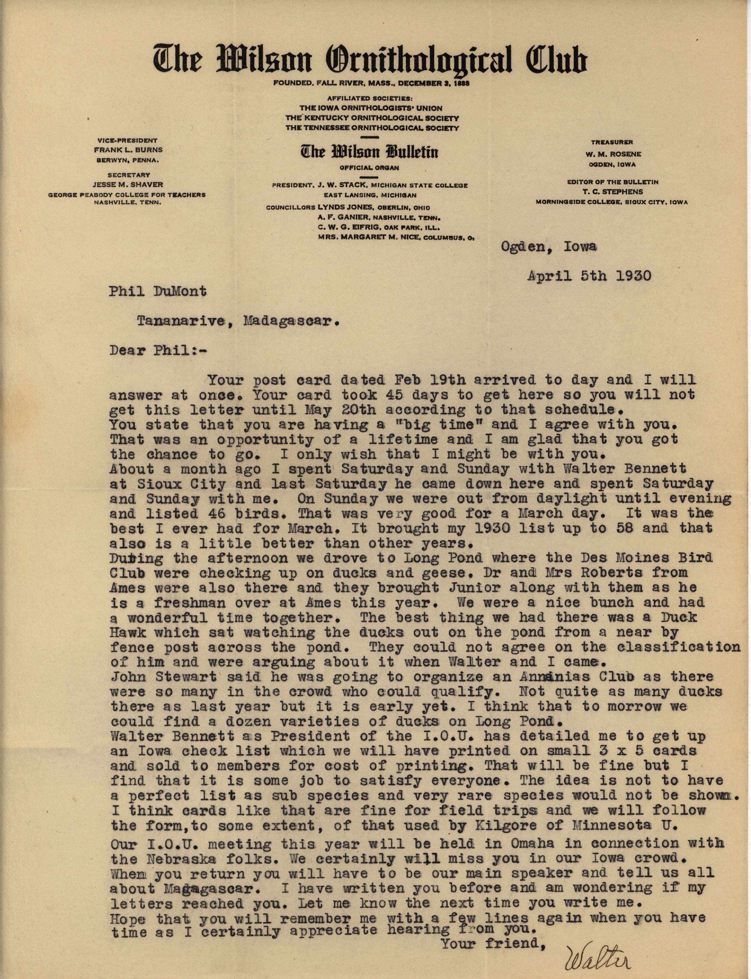 Walter Rosene letter to Philip DuMont regarding recent bird outings, April 5, 1930