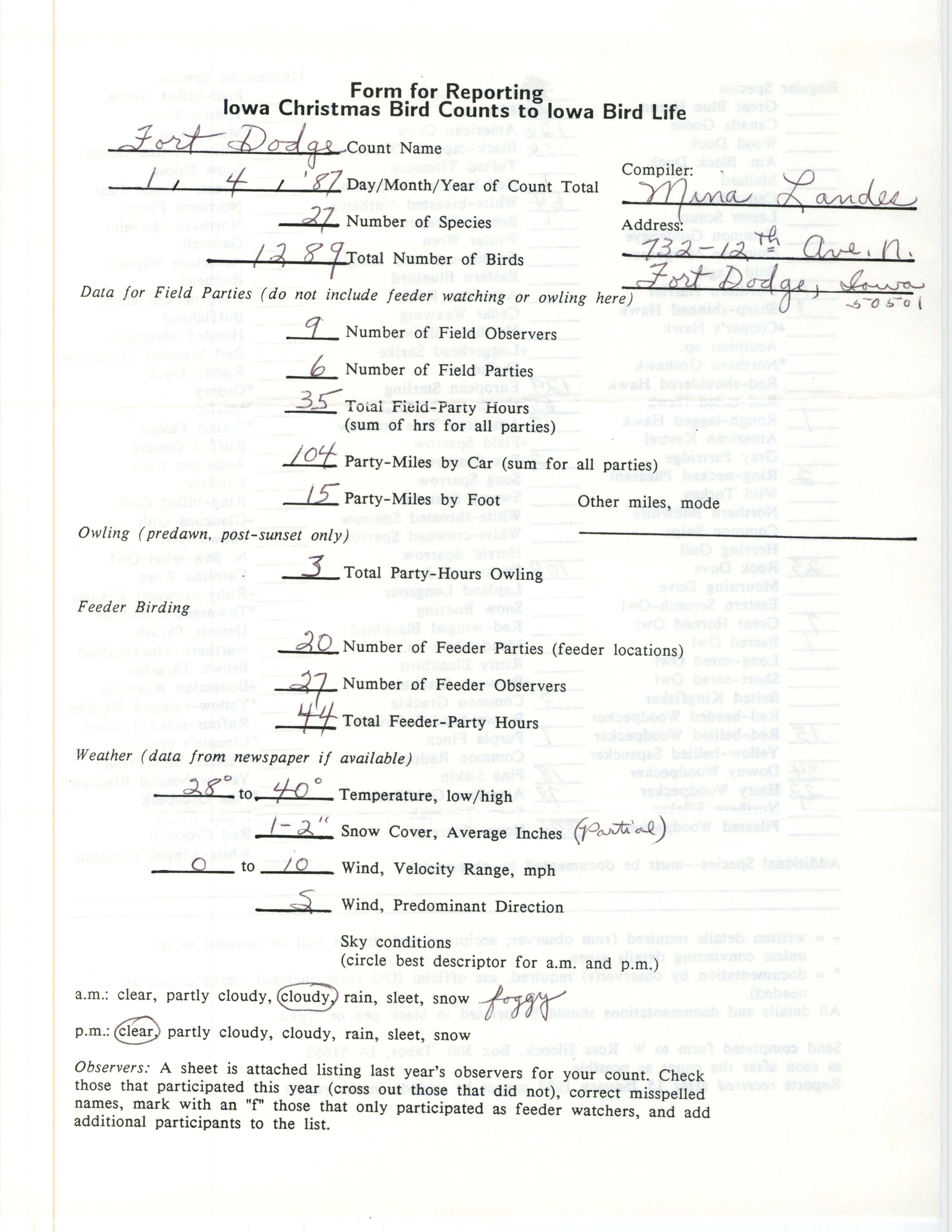 Form for reporting Iowa Christmas bird counts to Iowa Bird Life, Mina Landes, January 4, 1987