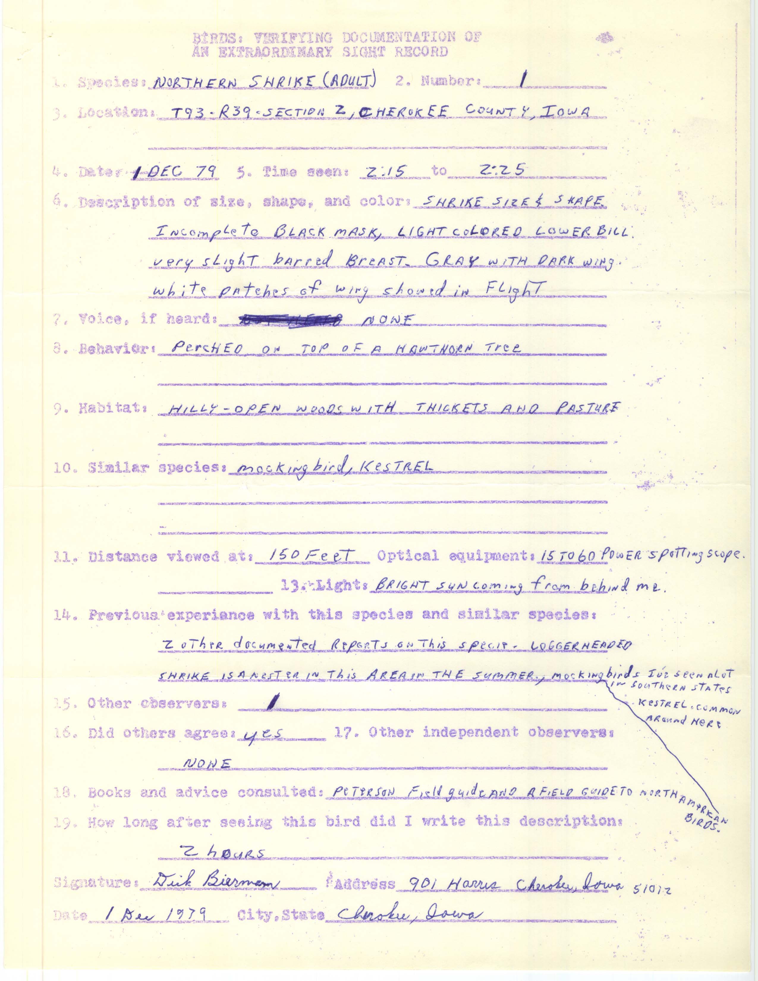 Rare bird documentation form for Northern Shrike near Peterson, 1979