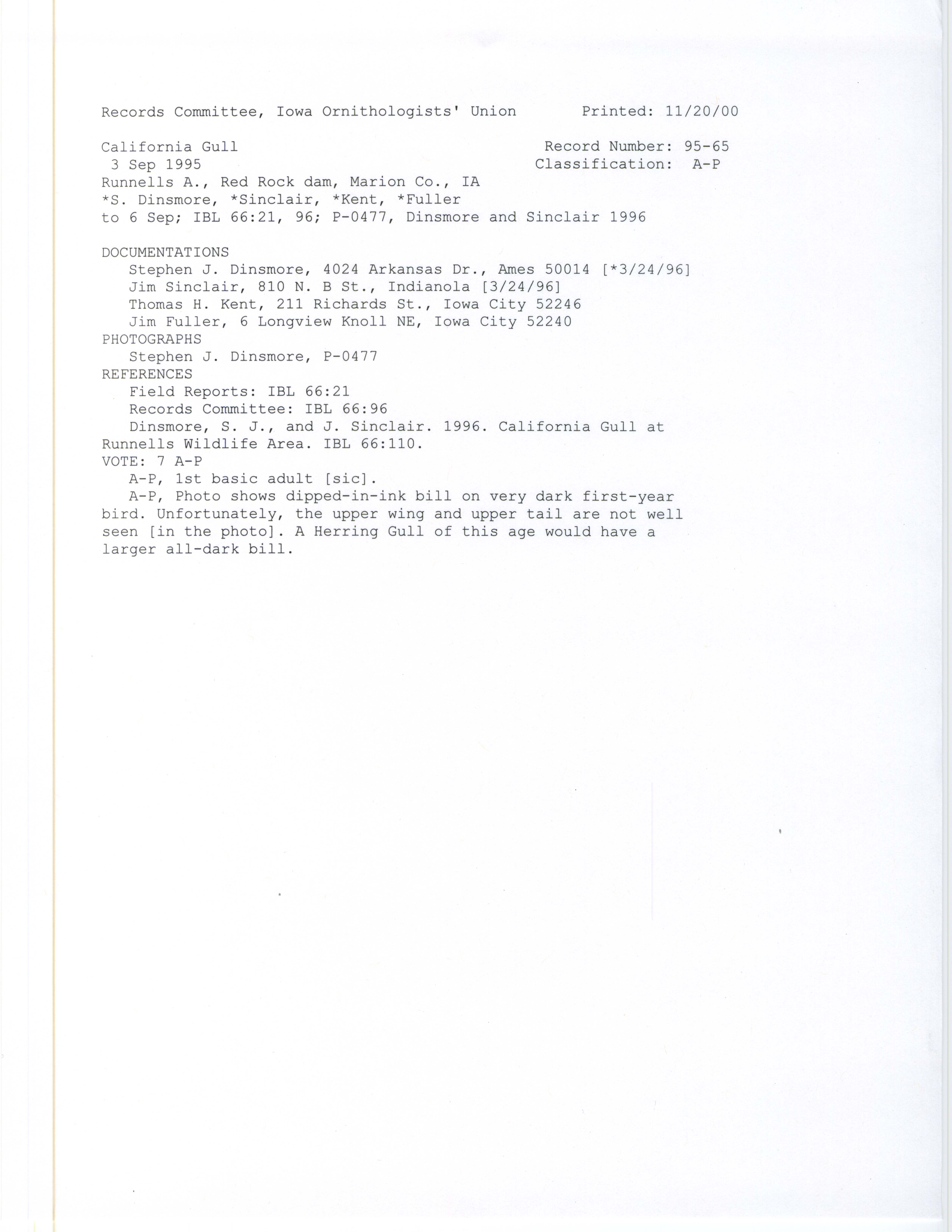Records Committee review for rare bird sighting of California Gull at Runnells Wildlife Area, 1995