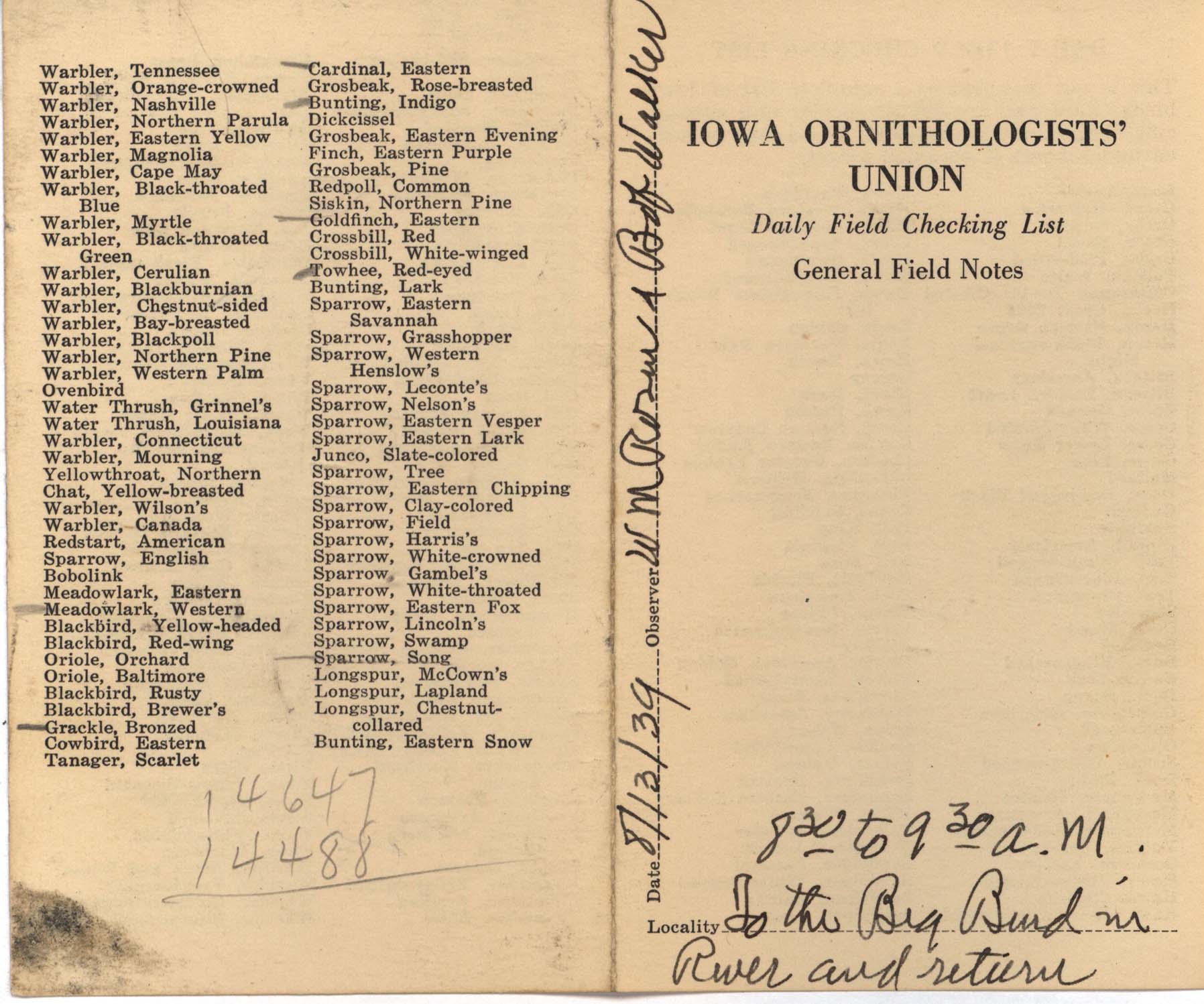 Daily field checking list by Walter Rosene, August 13, 1939