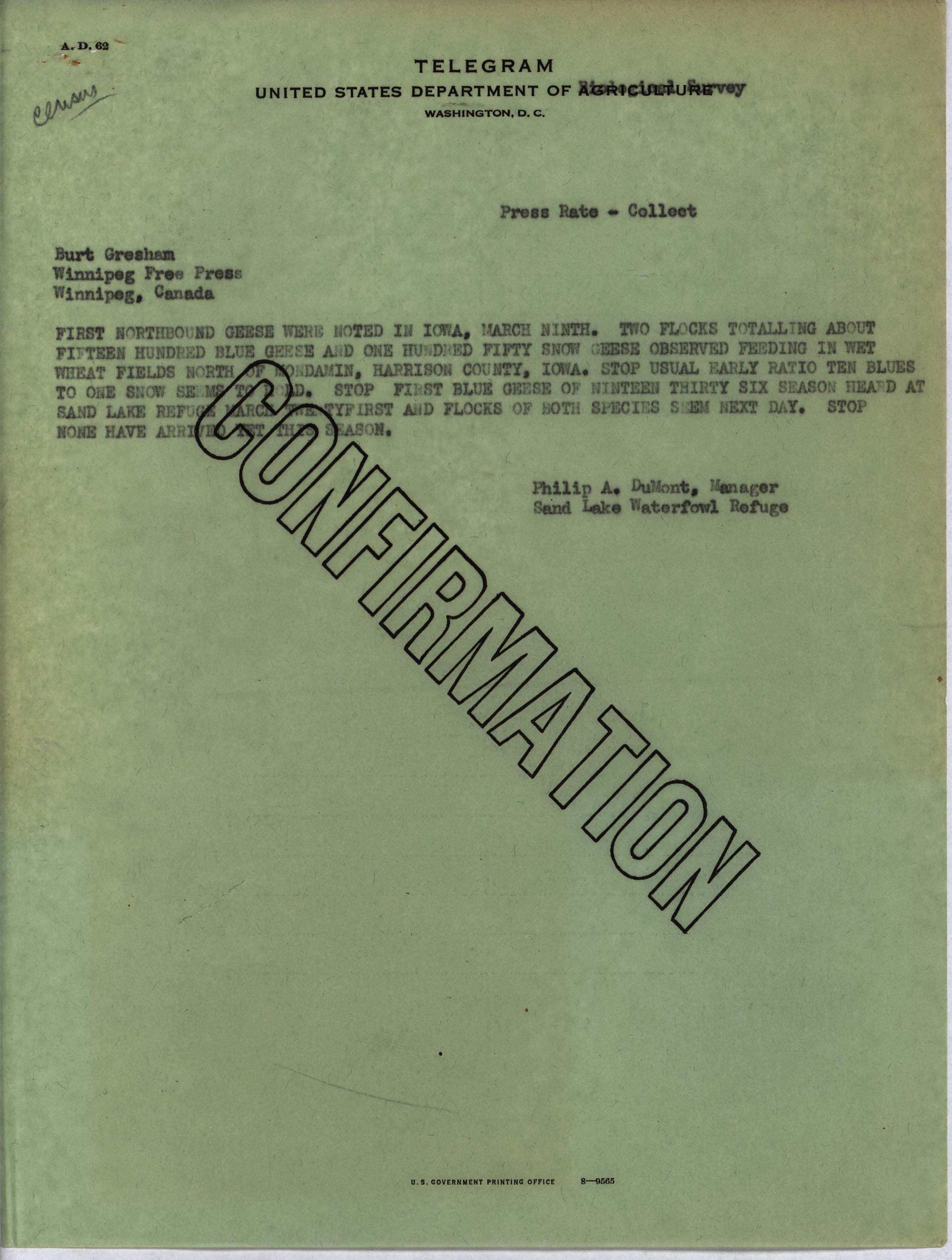Philip DuMont telegram to Burt Gresham regarding Goose migration