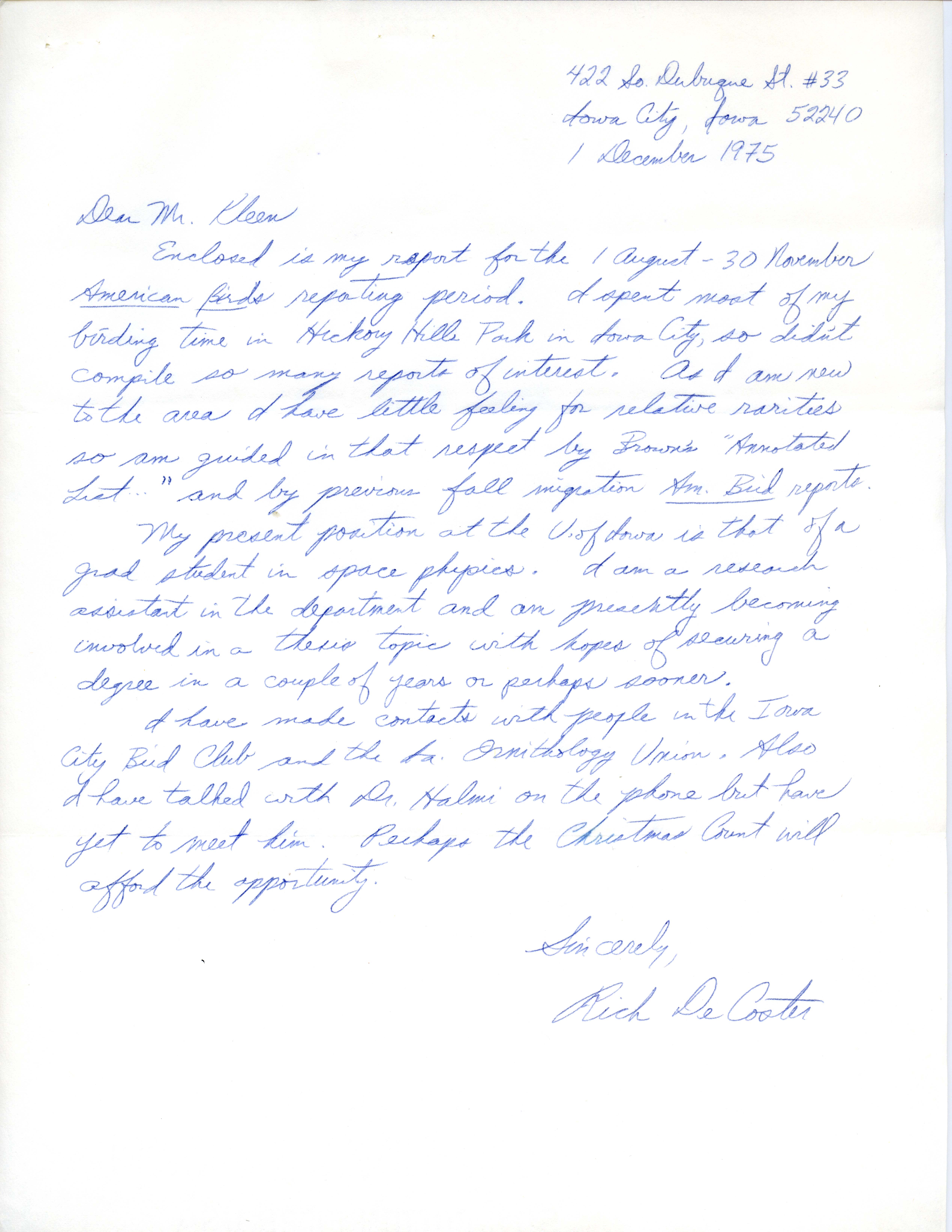 Rich DeCoster letter to Vernon M. Kleen regarding fall 1975 bird sightings around Iowa City, Iowa,  December 1, 1975