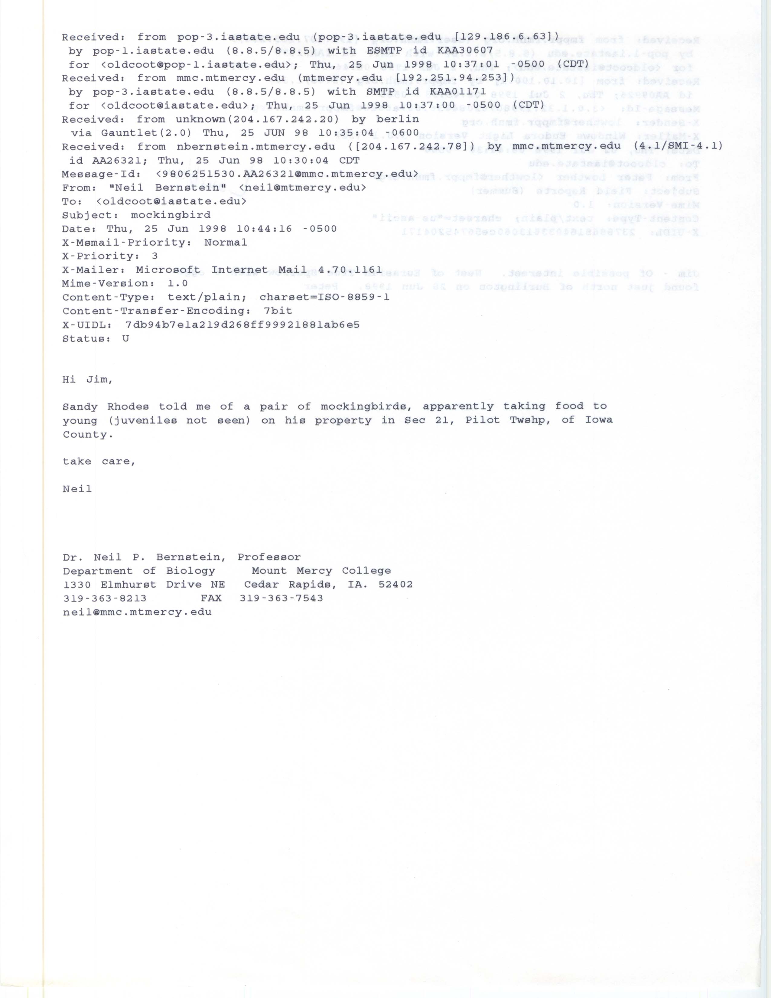 Neil Bernstein email to Jim Dinsmore regarding Mockingbird sighting, June 25, 1998