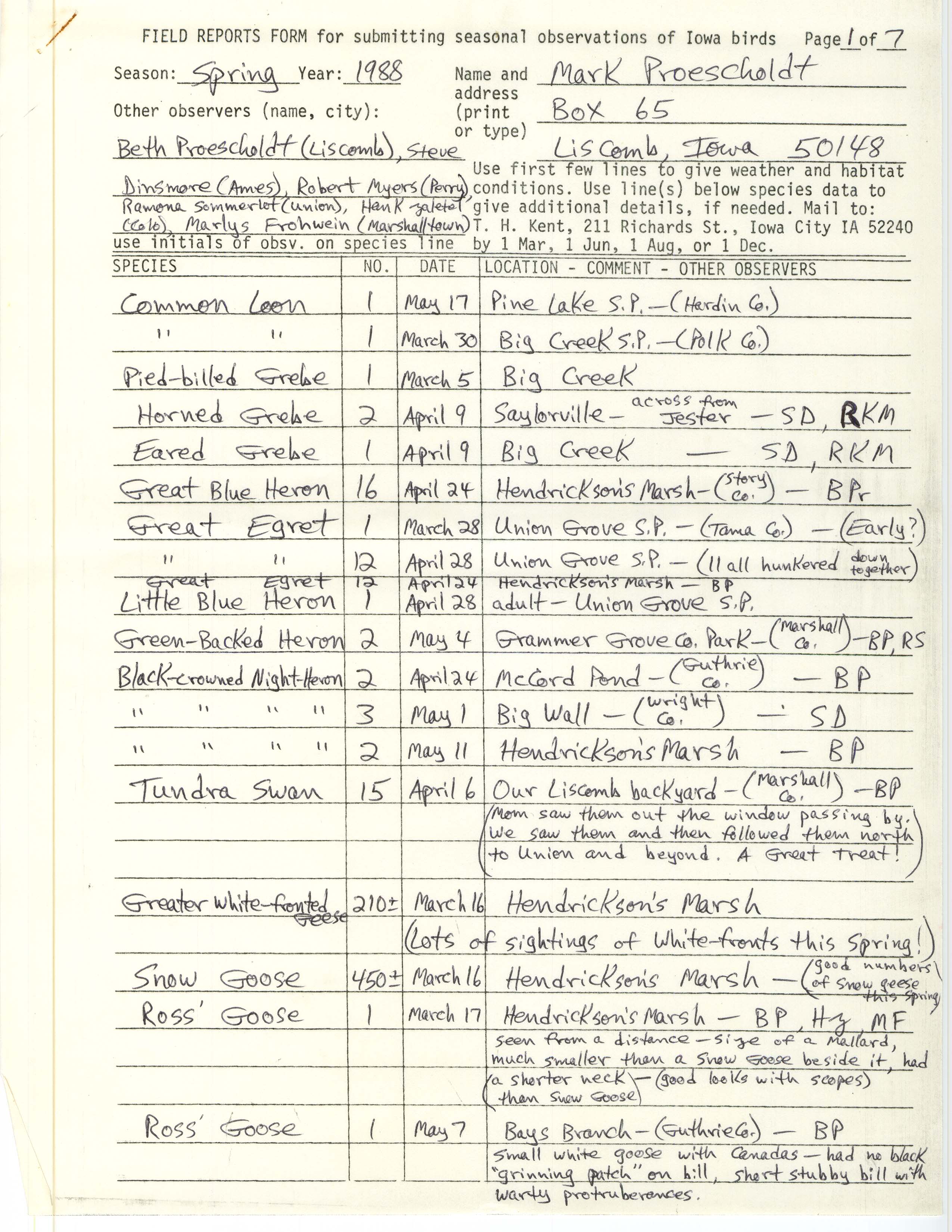 Field reports form for submitting seasonal observations of Iowa birds, Mark Proescholdt, spring 1988
