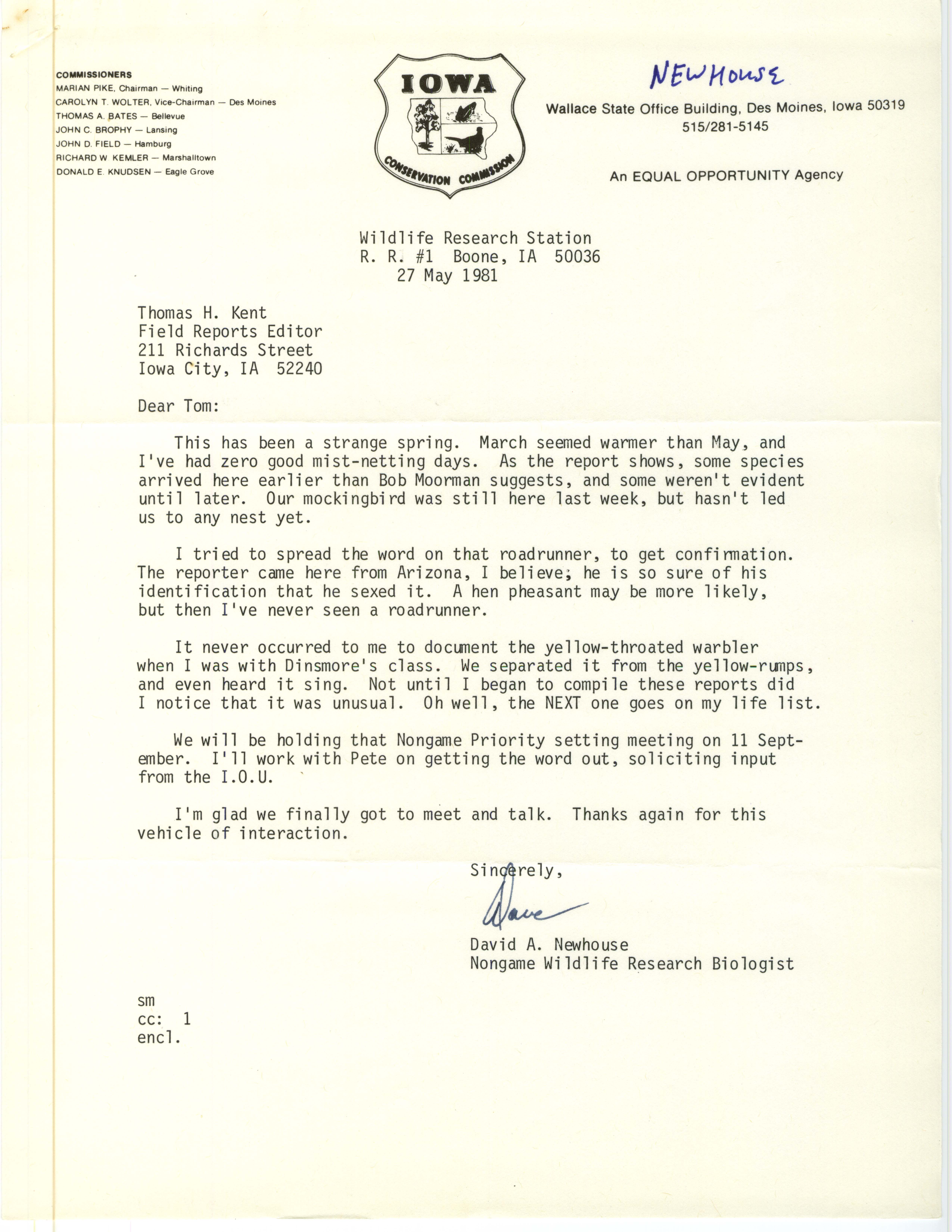 David Newhouse letter to Thomas Kent regarding spring, May 27, 1981