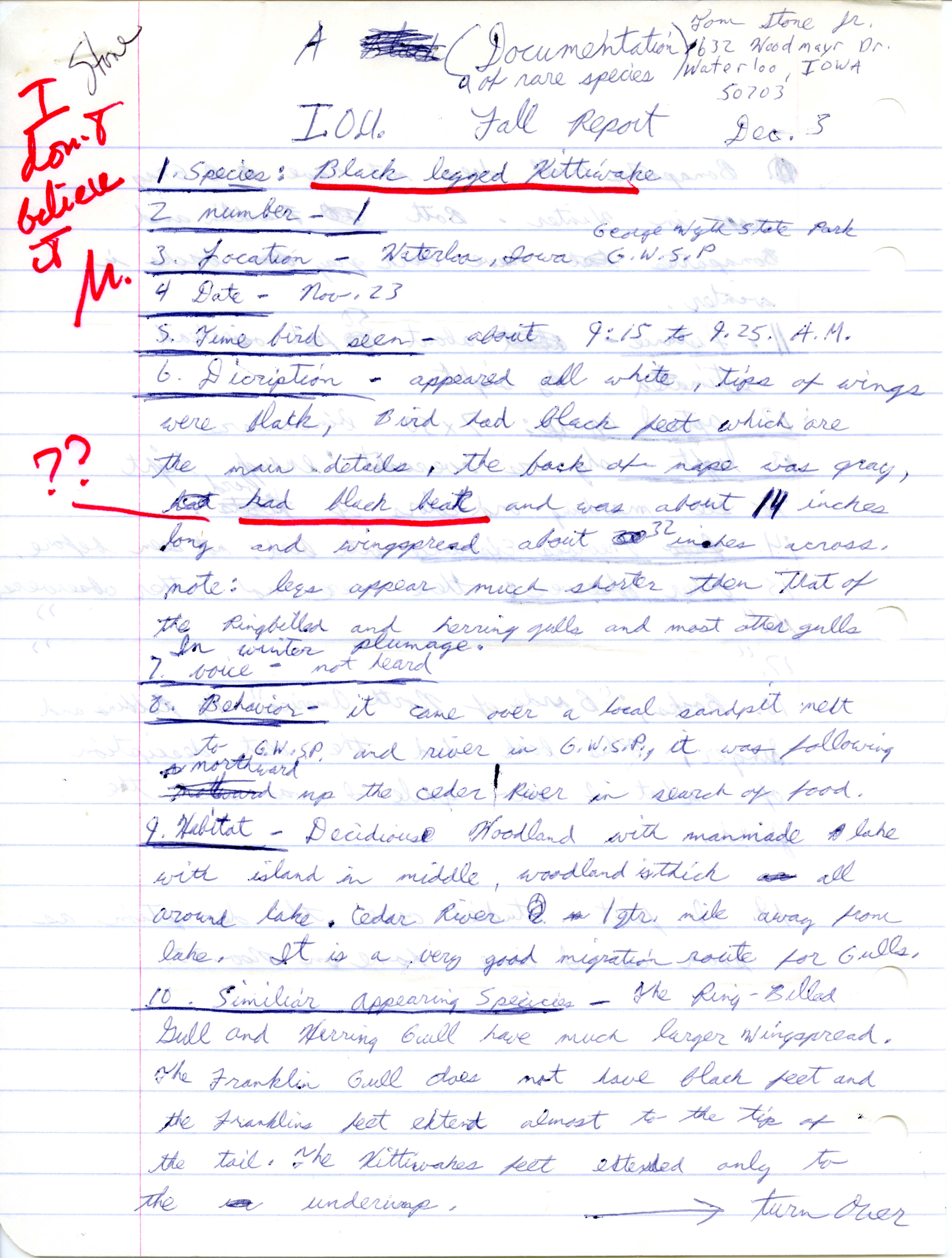 A documentation of rare species, and Iowa Ornithologists Union fall field notes, 1978