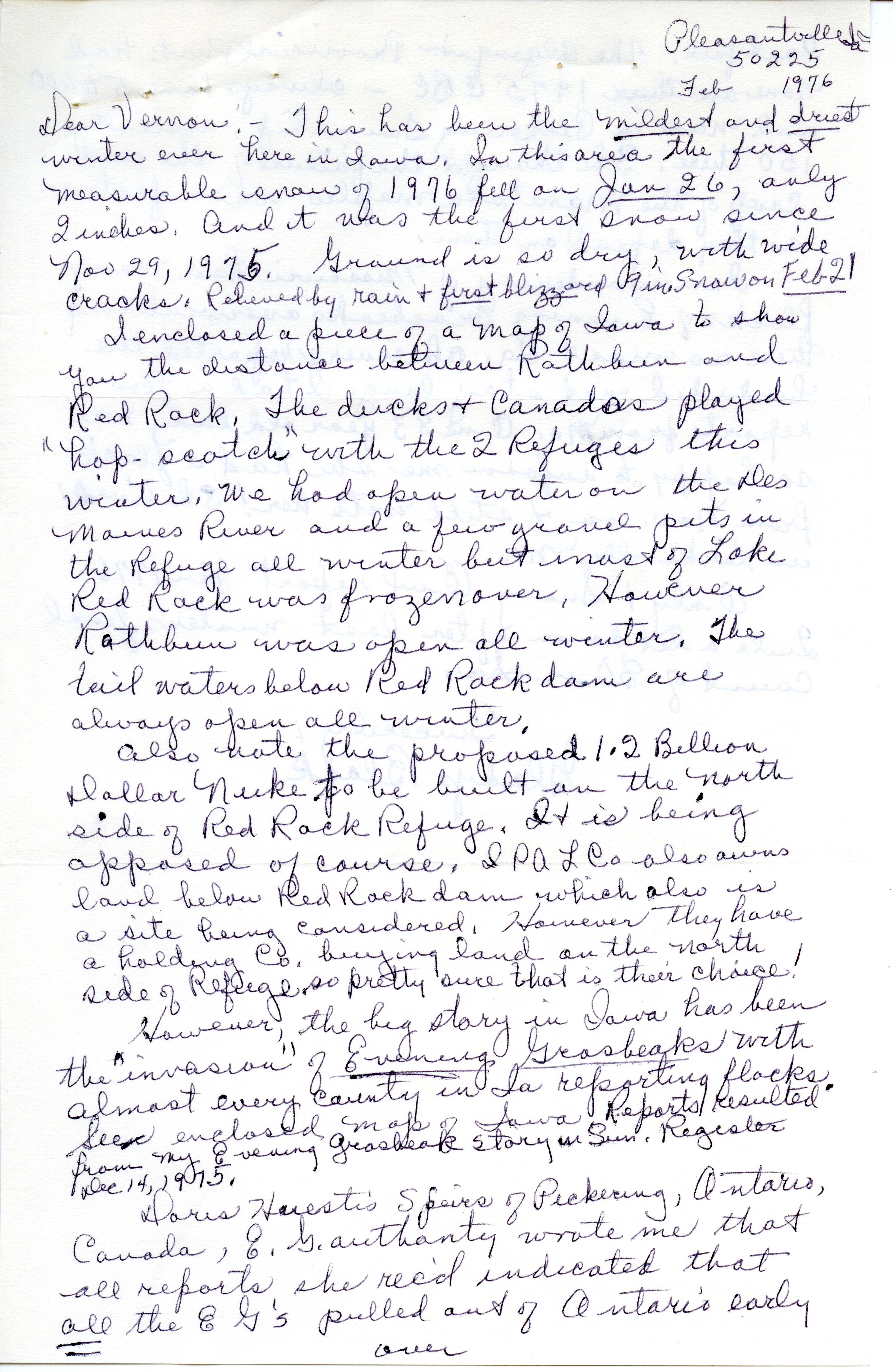 Gladys Black letter to Vernon Kleen regarding Red Rock Refuge and the Evening Grosbeak invasion, February 1976