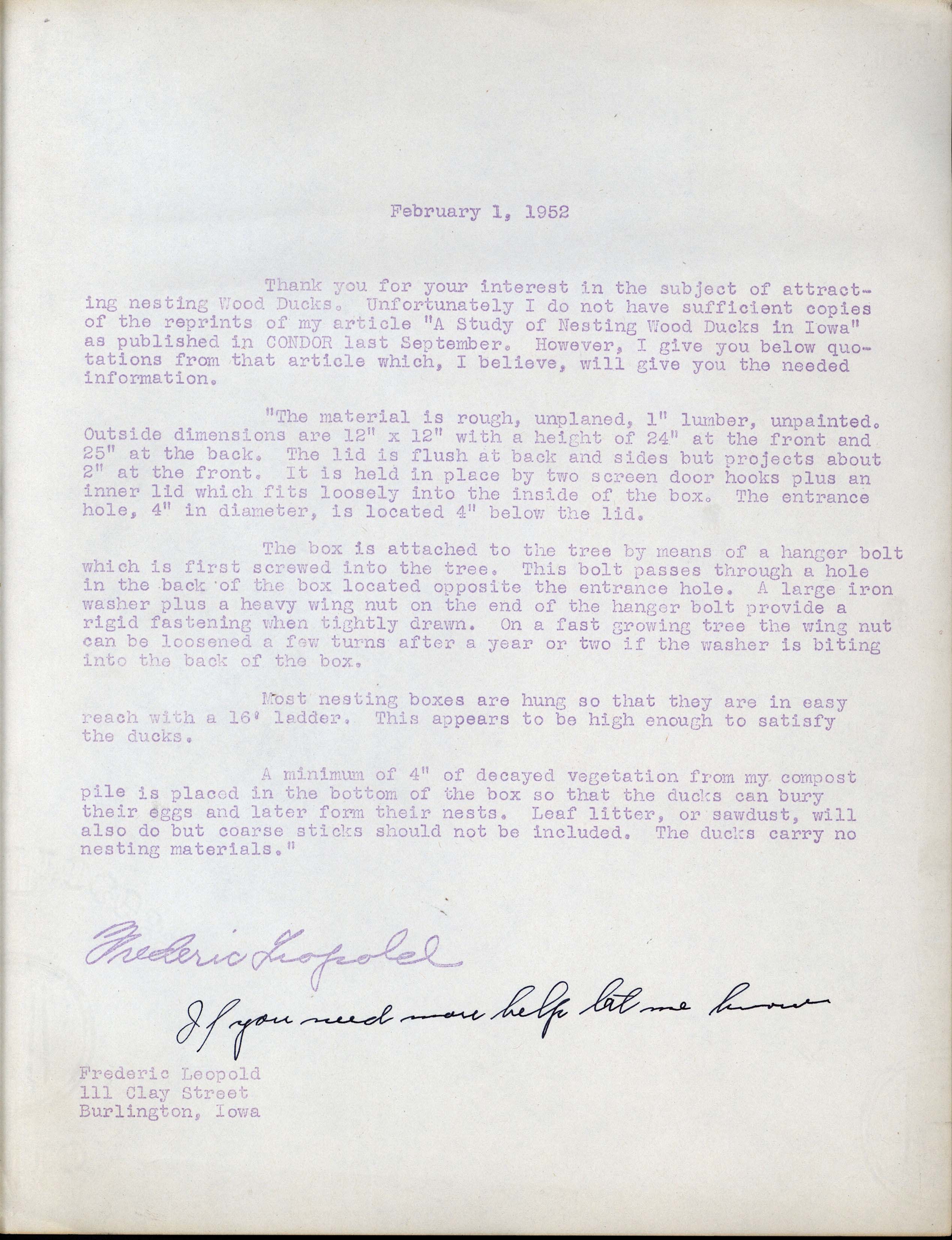 Frederic Leopold letter regarding a request for Wood Duck house information, February 1, 1952