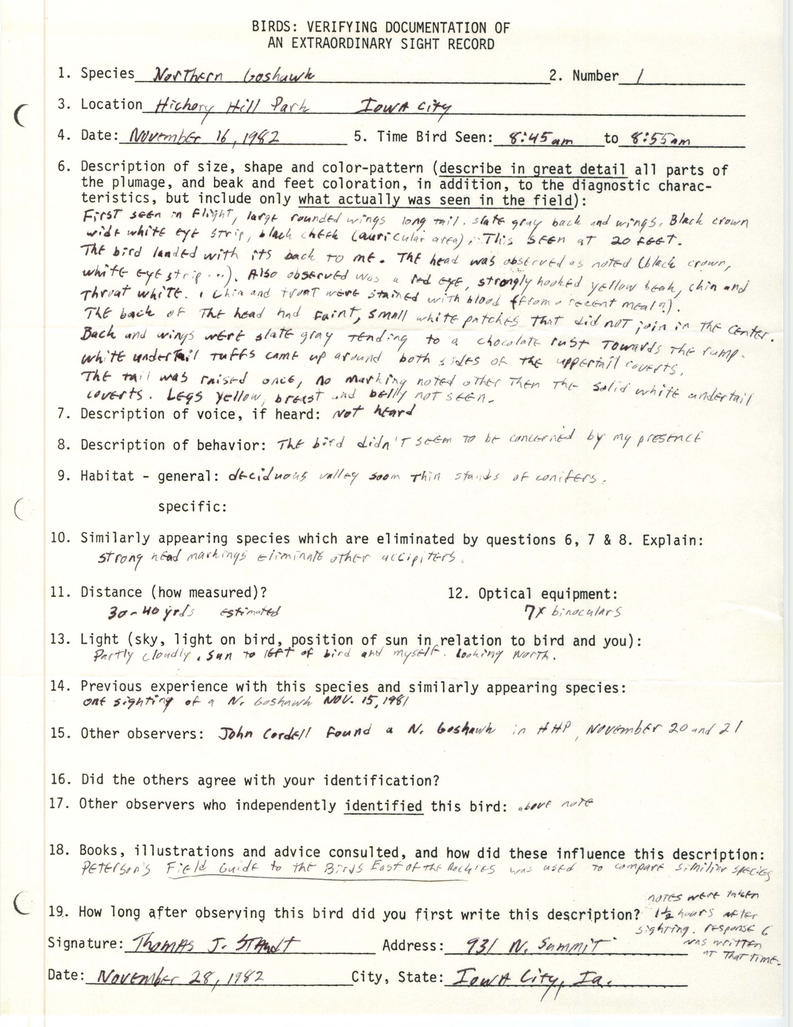 Rare bird documentation form for Northern Goshawk at Hickory Hill Park, 1982