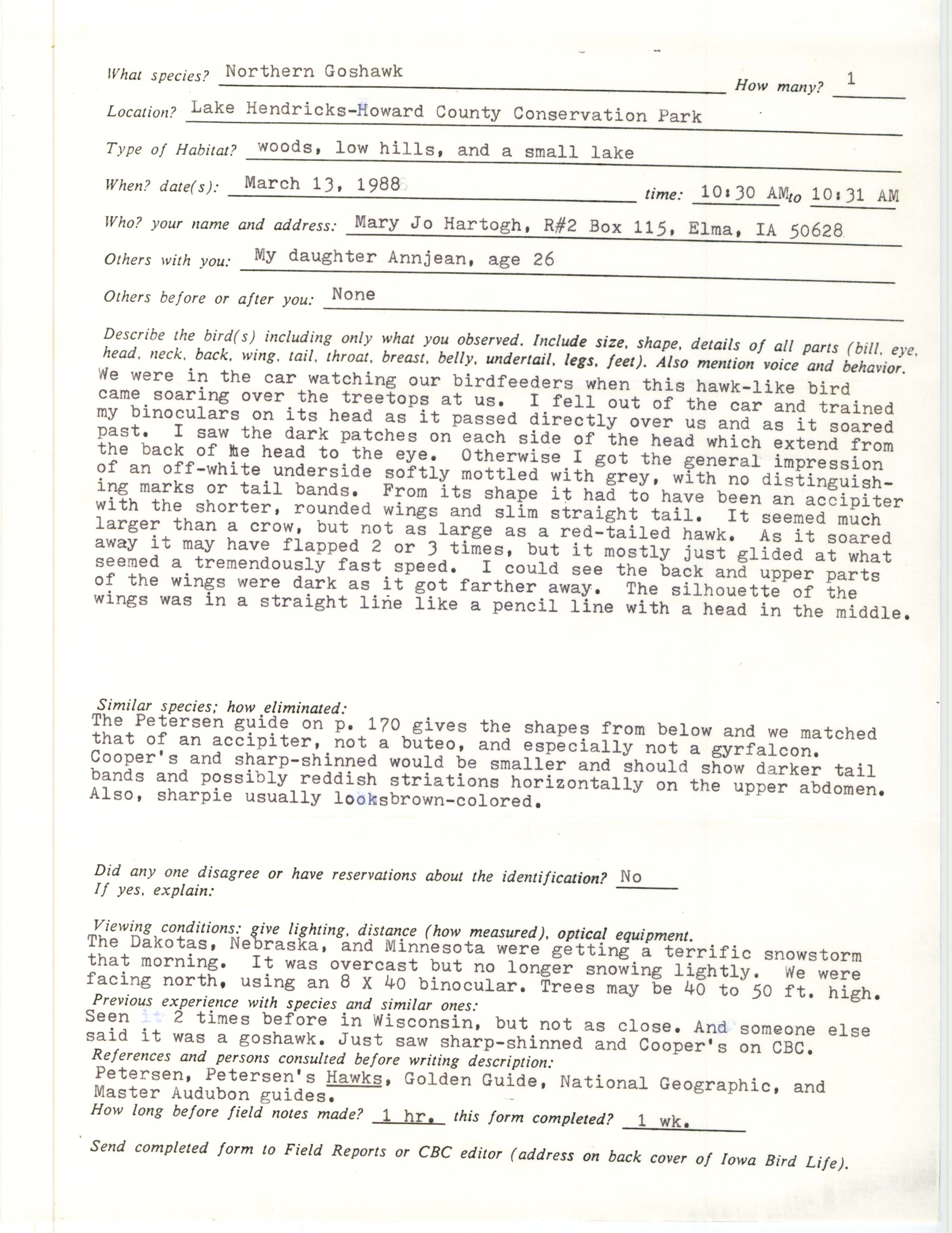 Rare bird documentation form for Northern Goshawk at Lake Hendricks, 1988