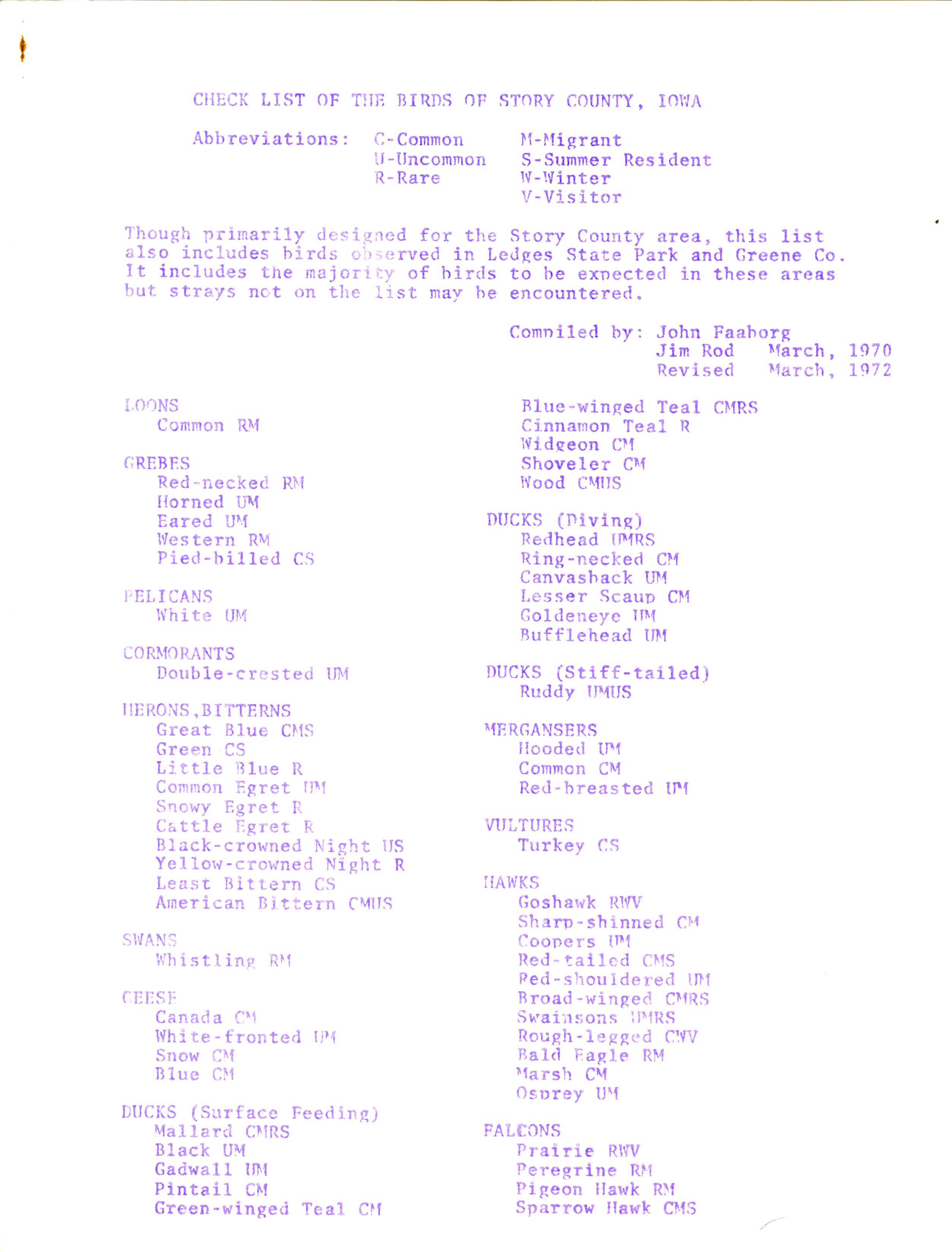 Check list of the birds of Story County, Iowa, revised 1972