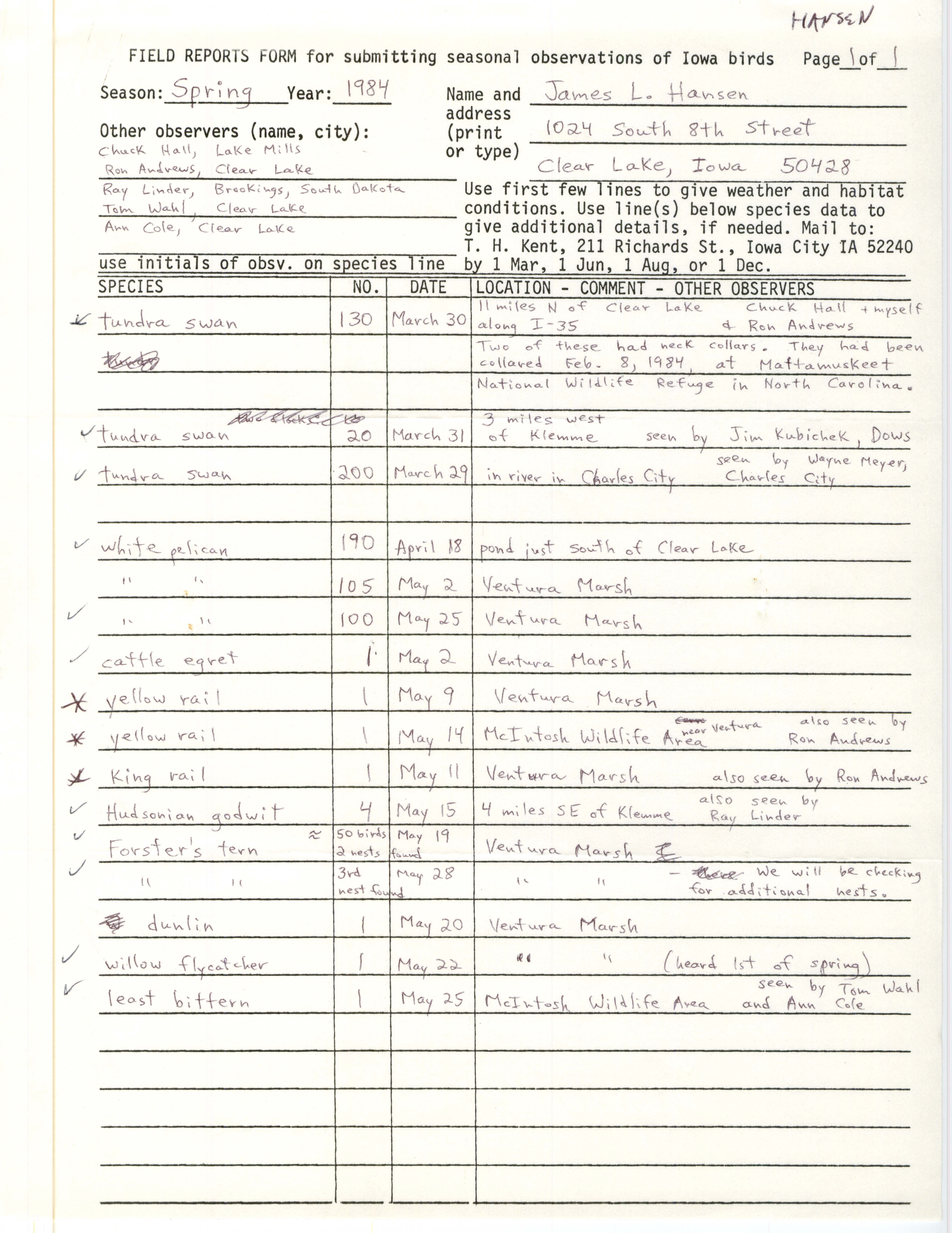 Field notes contributed by James L. Hansen, Clear Lake, Iowa, spring 1984