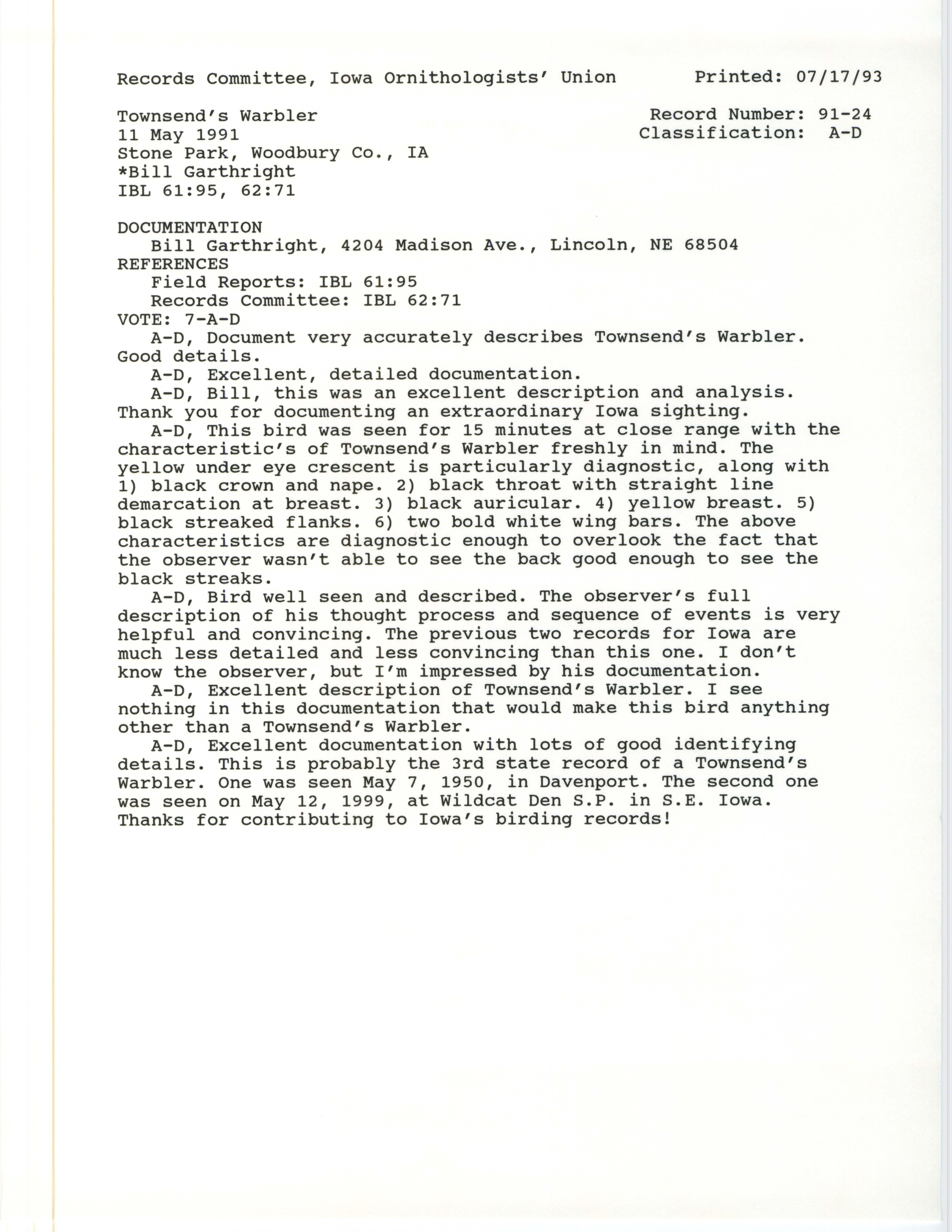 Records Committee review for rare bird sighting for Townsend's Warbler at Stone State Park, 1991