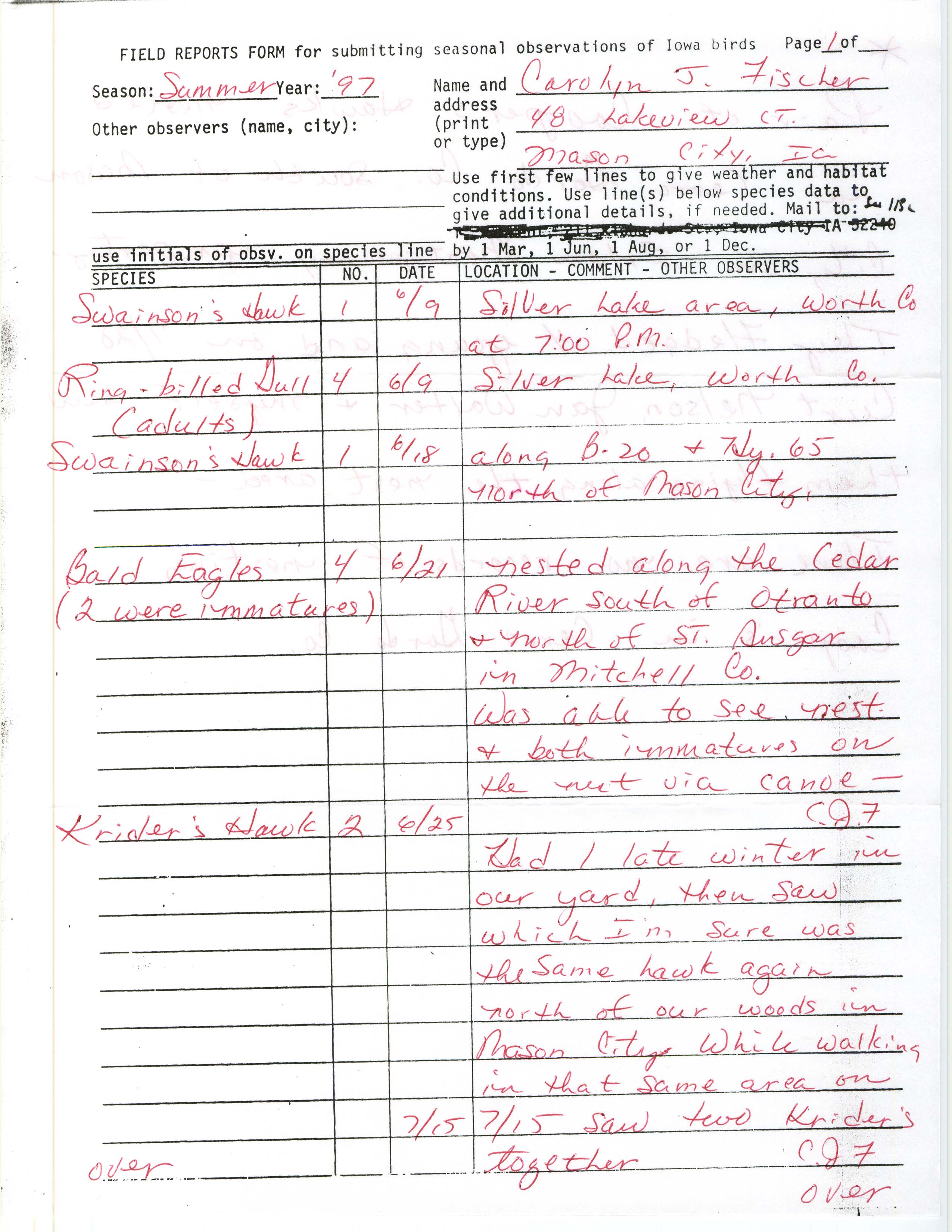 Field reports form for submitting seasonal observations of Iowa birds, Carolyn J. Fischer, summer 1997