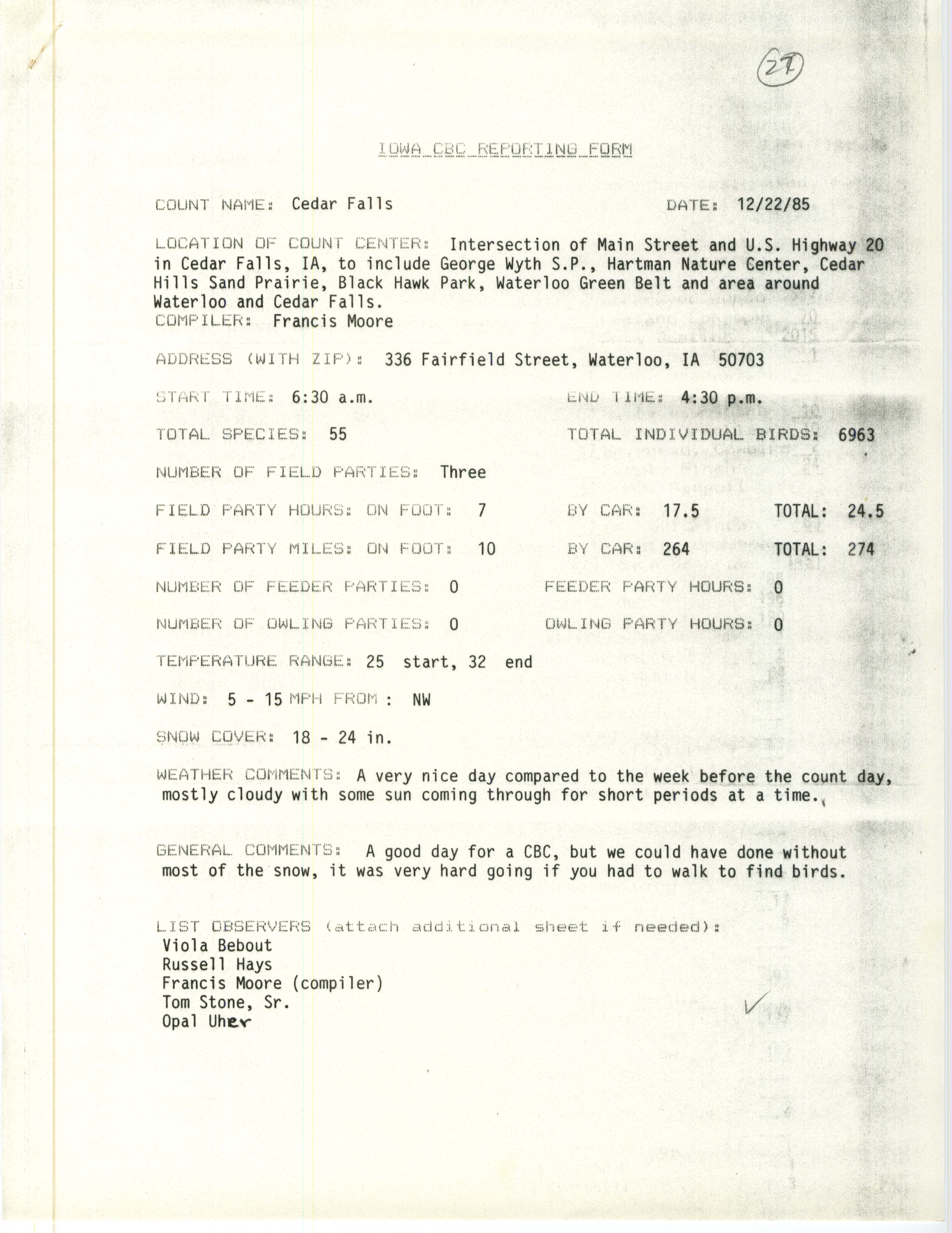 Iowa CBC reporting form, Cedar Falls, December 22, 1985