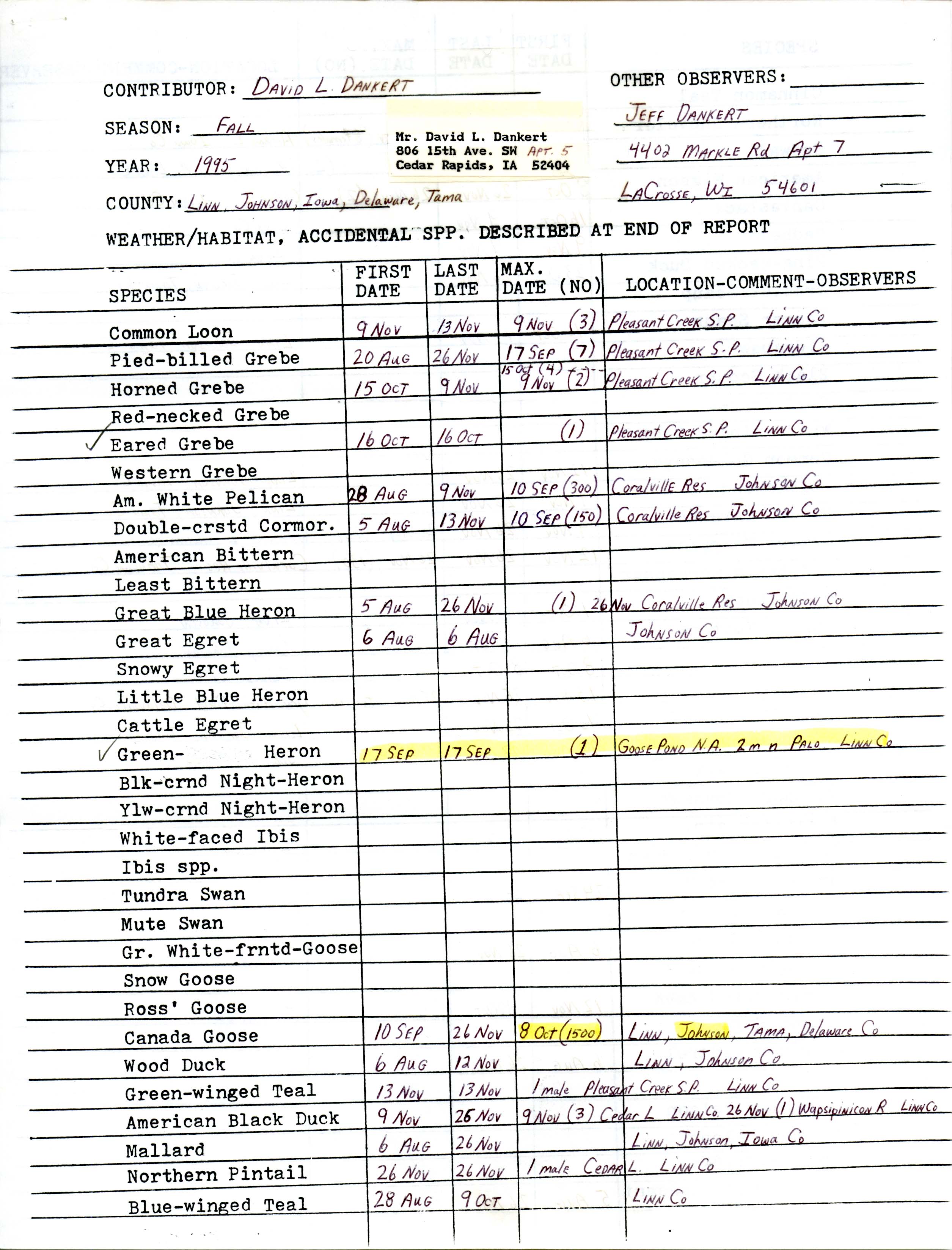 Field notes contributed by David L. Dankert, fall 1995