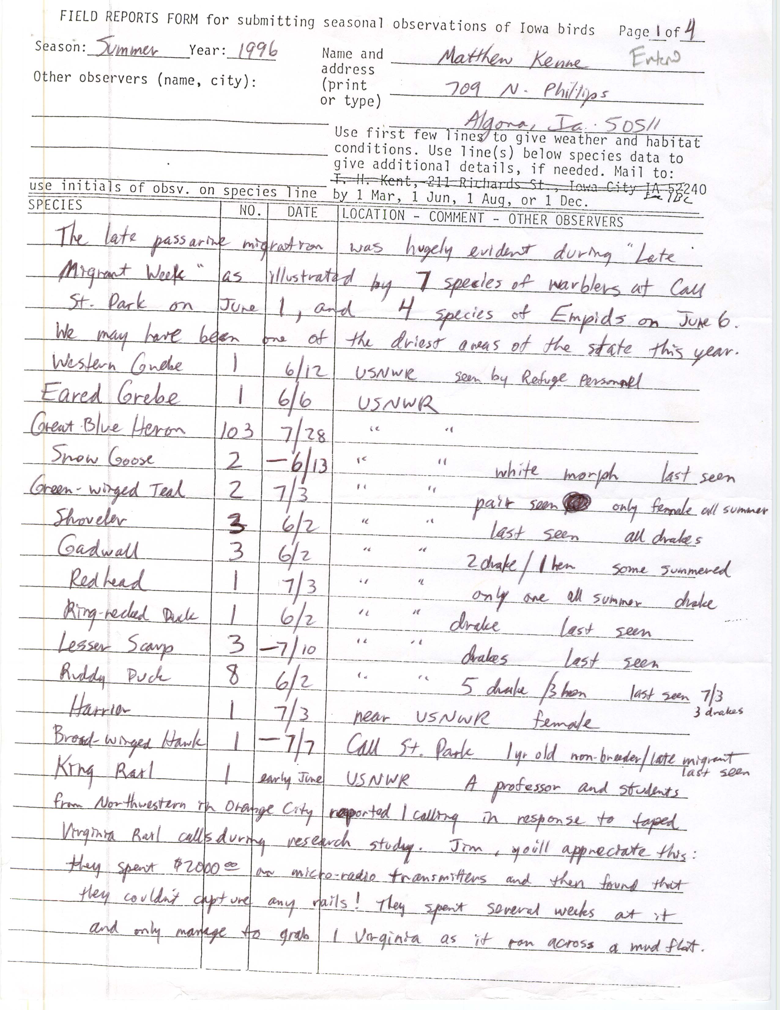 Field reports form for submitting seasonal observations of Iowa birds, Matthew Kenne, summer 1996