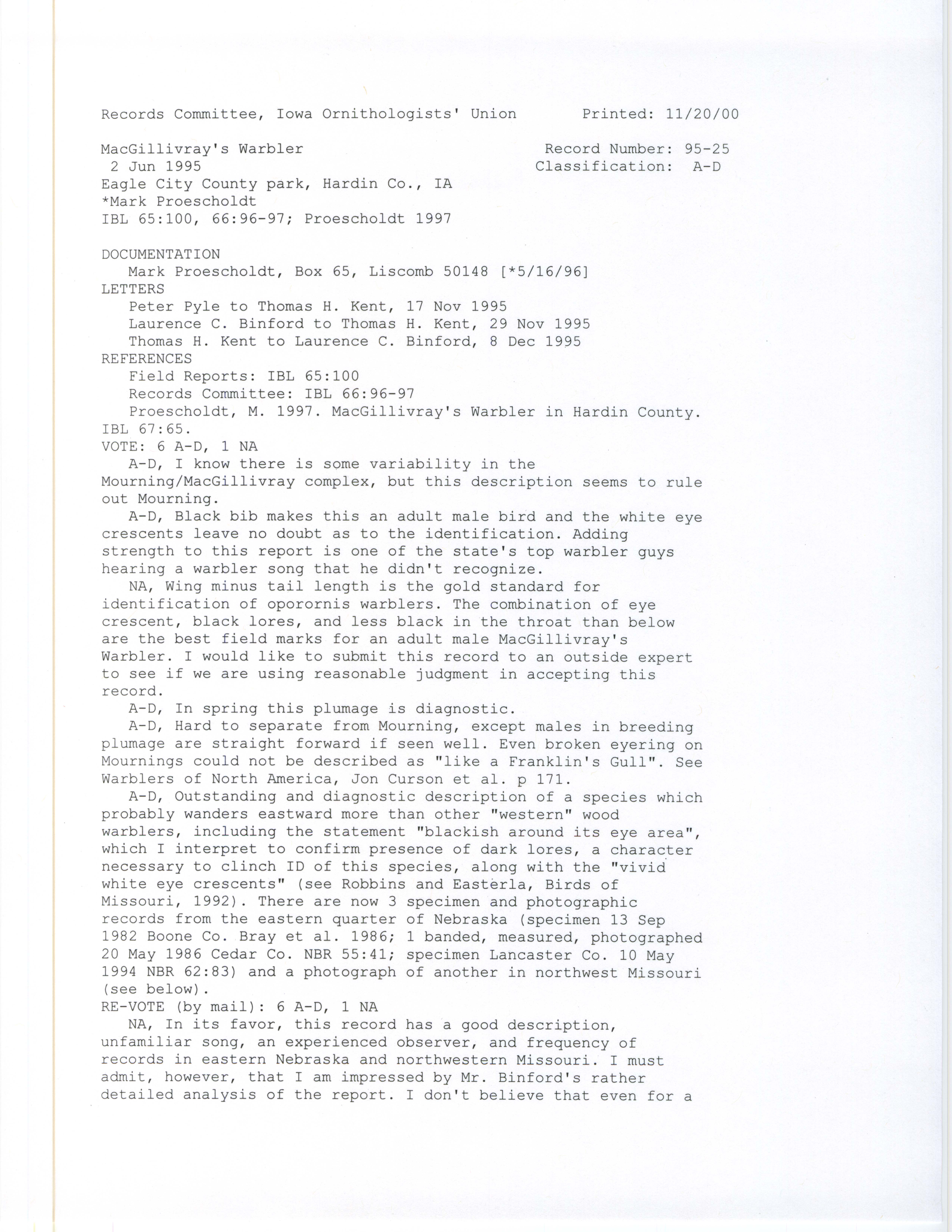 Records Committee review for rare bird sighting for MacGillivray's Warbler at Eagle City County Park, 1995