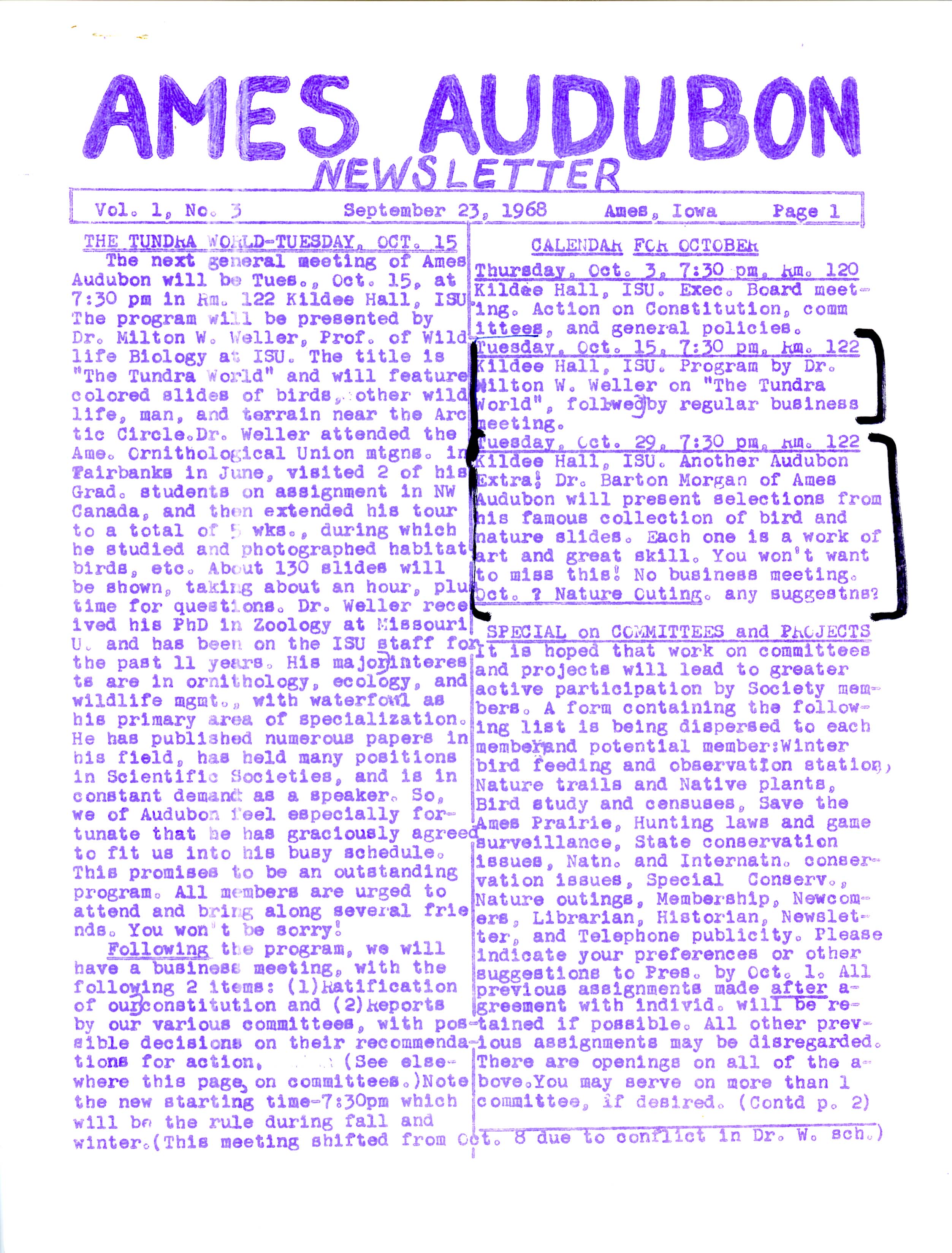 Ames Audubon Newsletter, Volume 1, Number 3, September 23, 1968