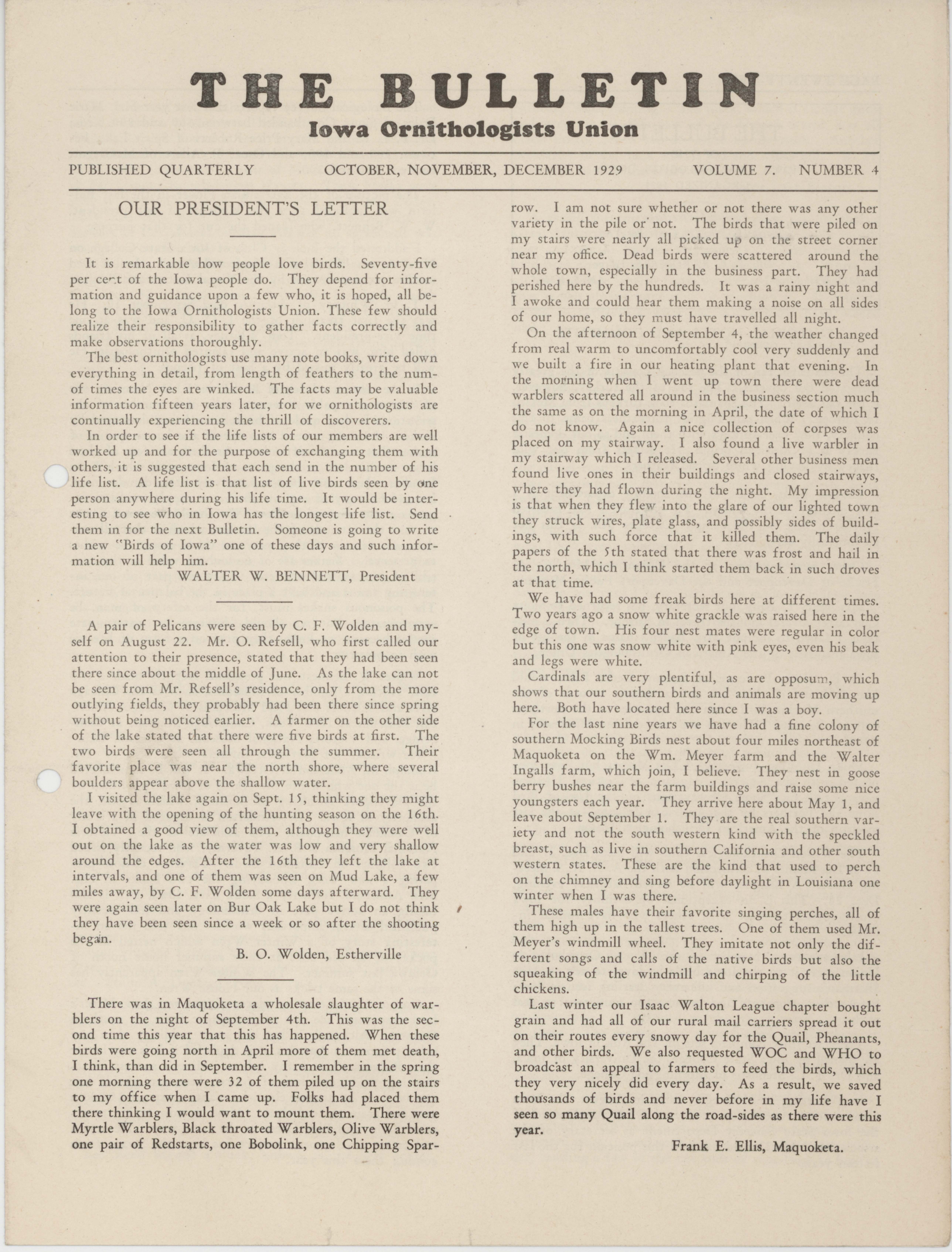 Bulletin (Iowa Ornithologists Union), Volume 7, Number 4, October/December 1929