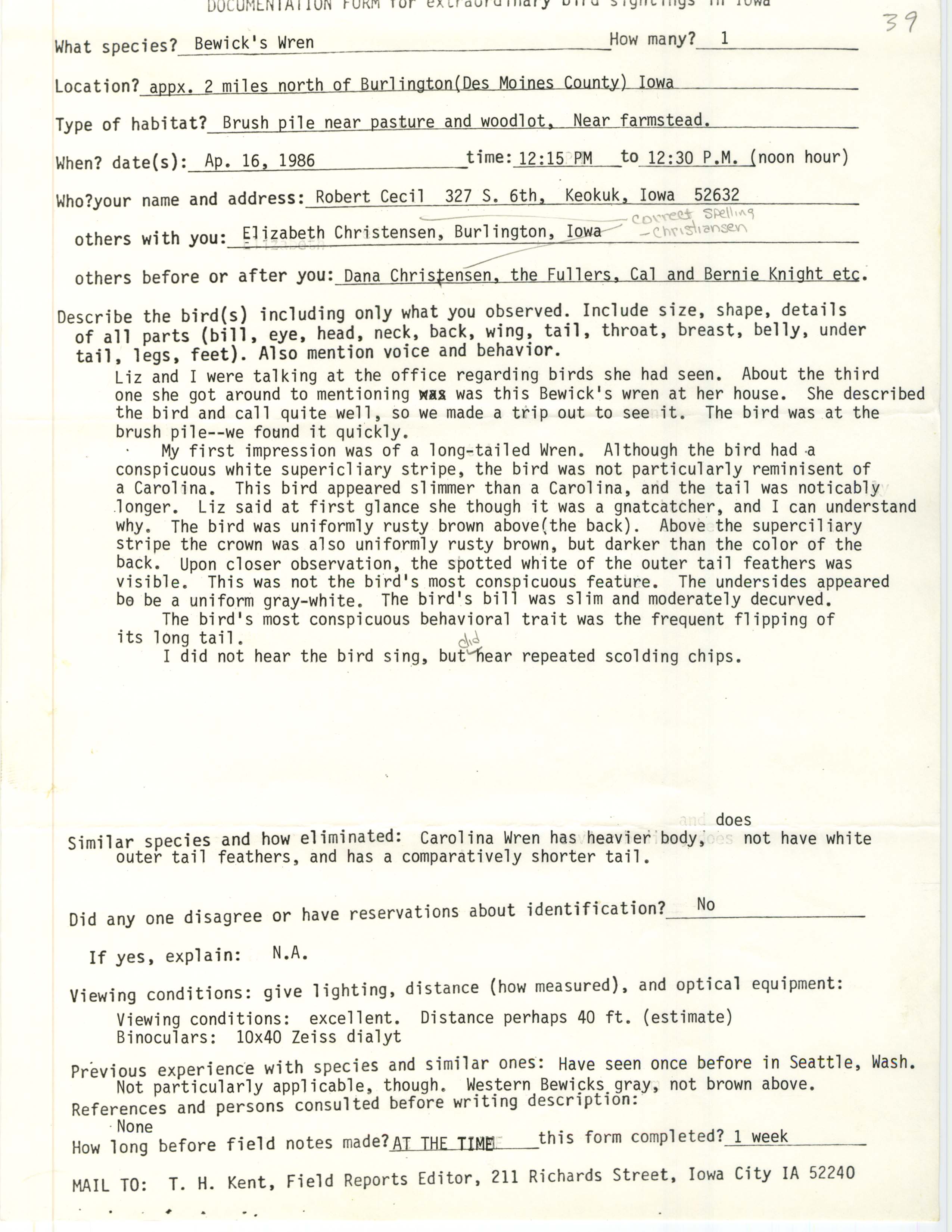 Rare bird documentation form for Bewick's Wren north of Burlington, 1986