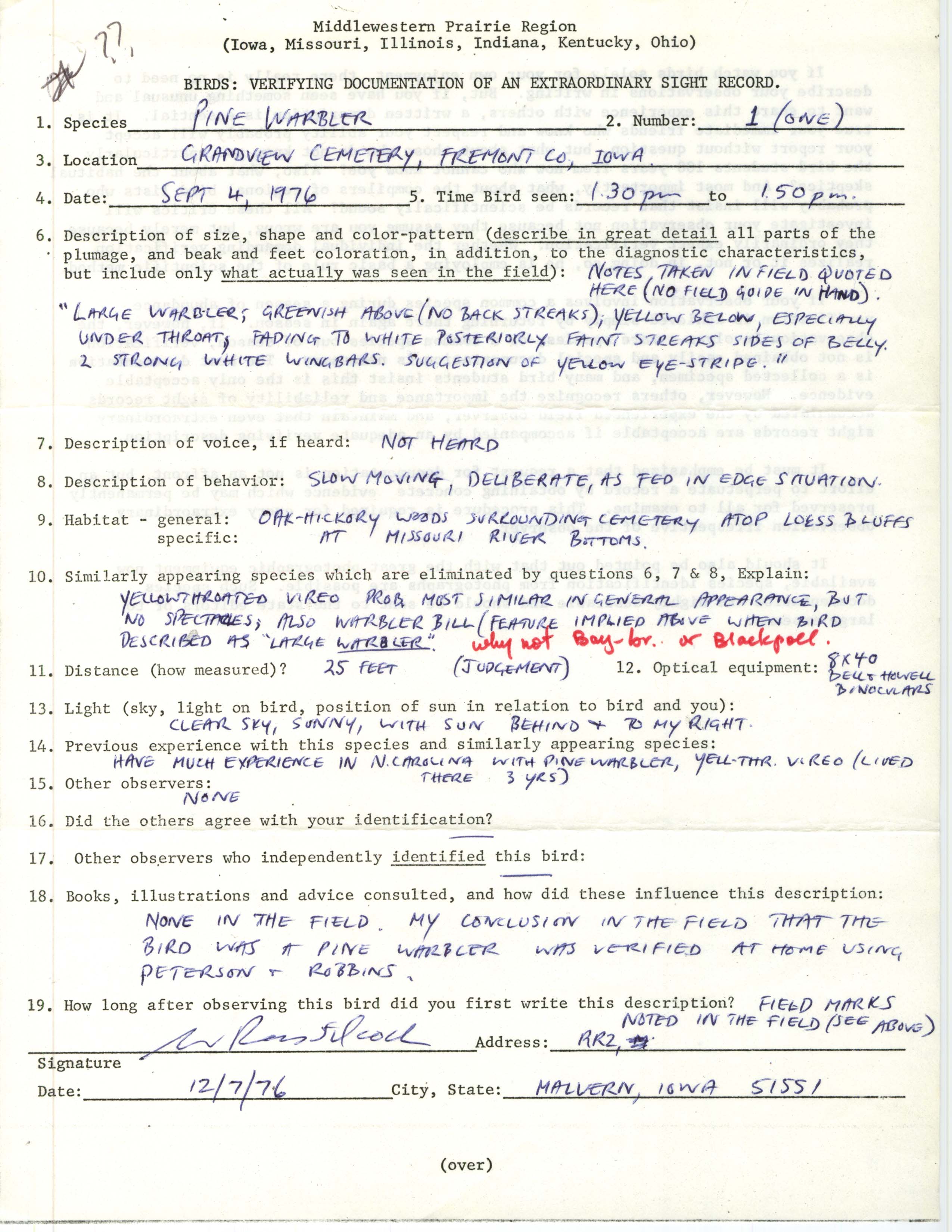 Rare bird documentation form for Pine Warbler at Grandview Cemetery in Fremont County, 1976