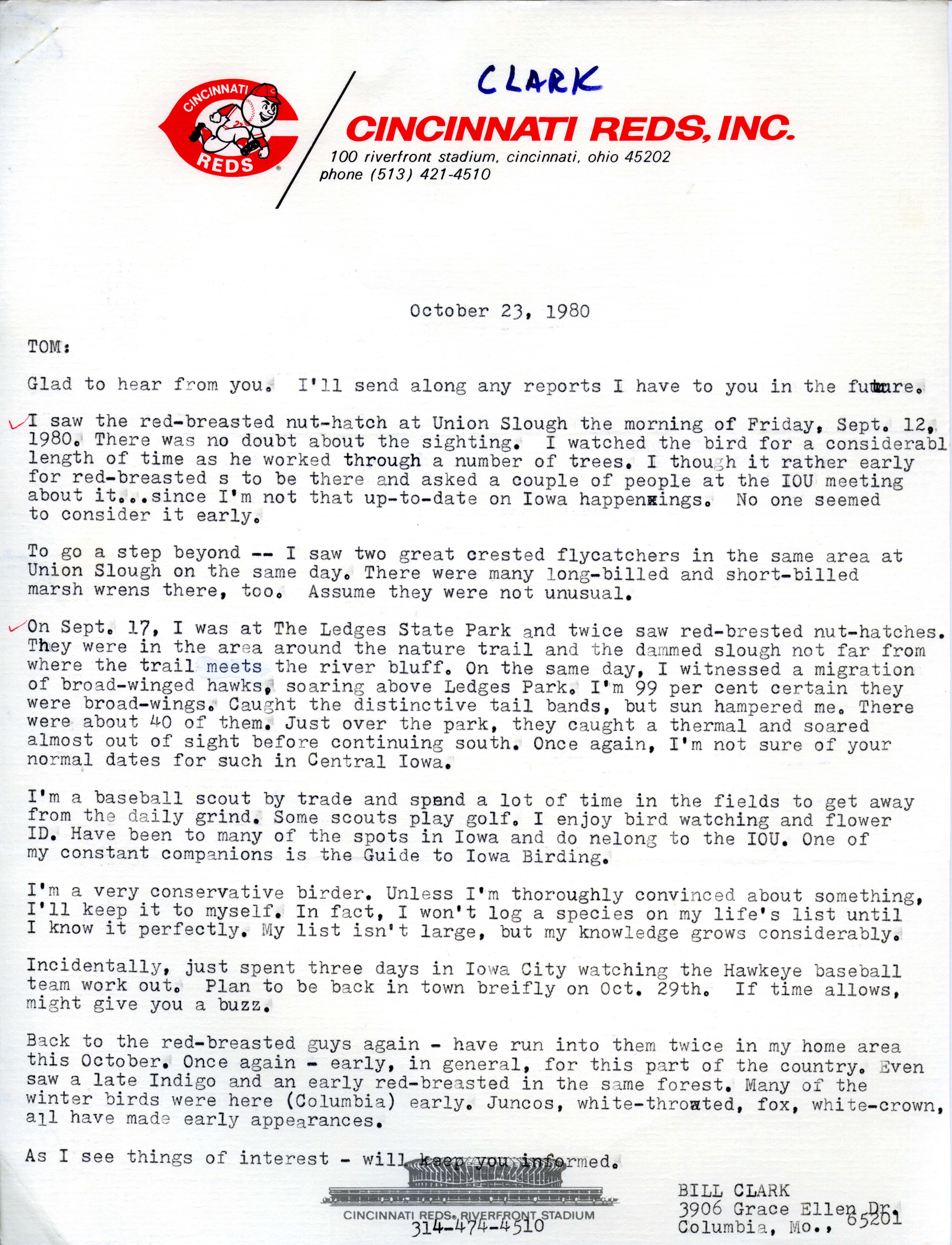 Bill Clark letter to Thomas Kent regarding additional details about his bird sightings in Iowa, October 23, 1980