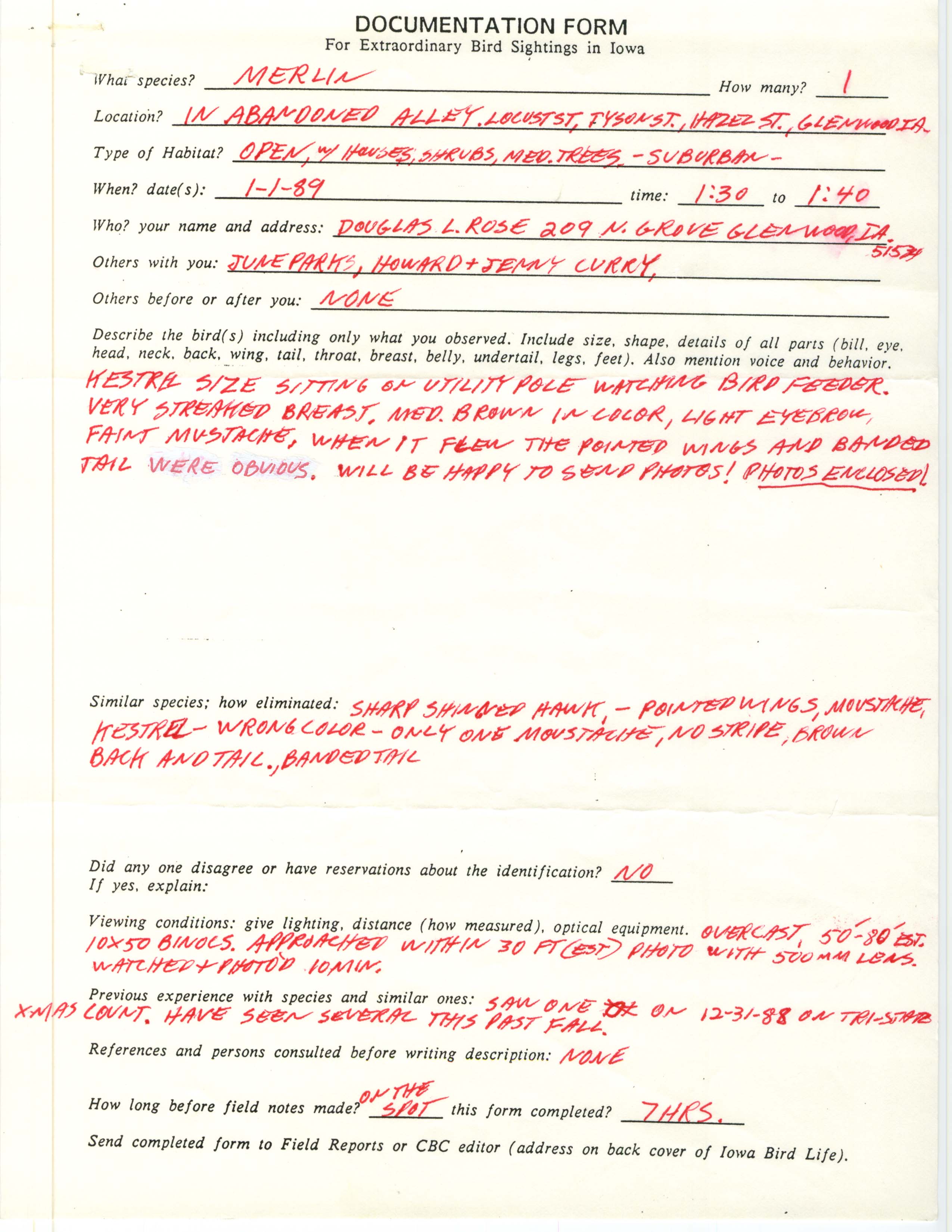Rare bird documentation form for Merlin at Glenwood, 1989