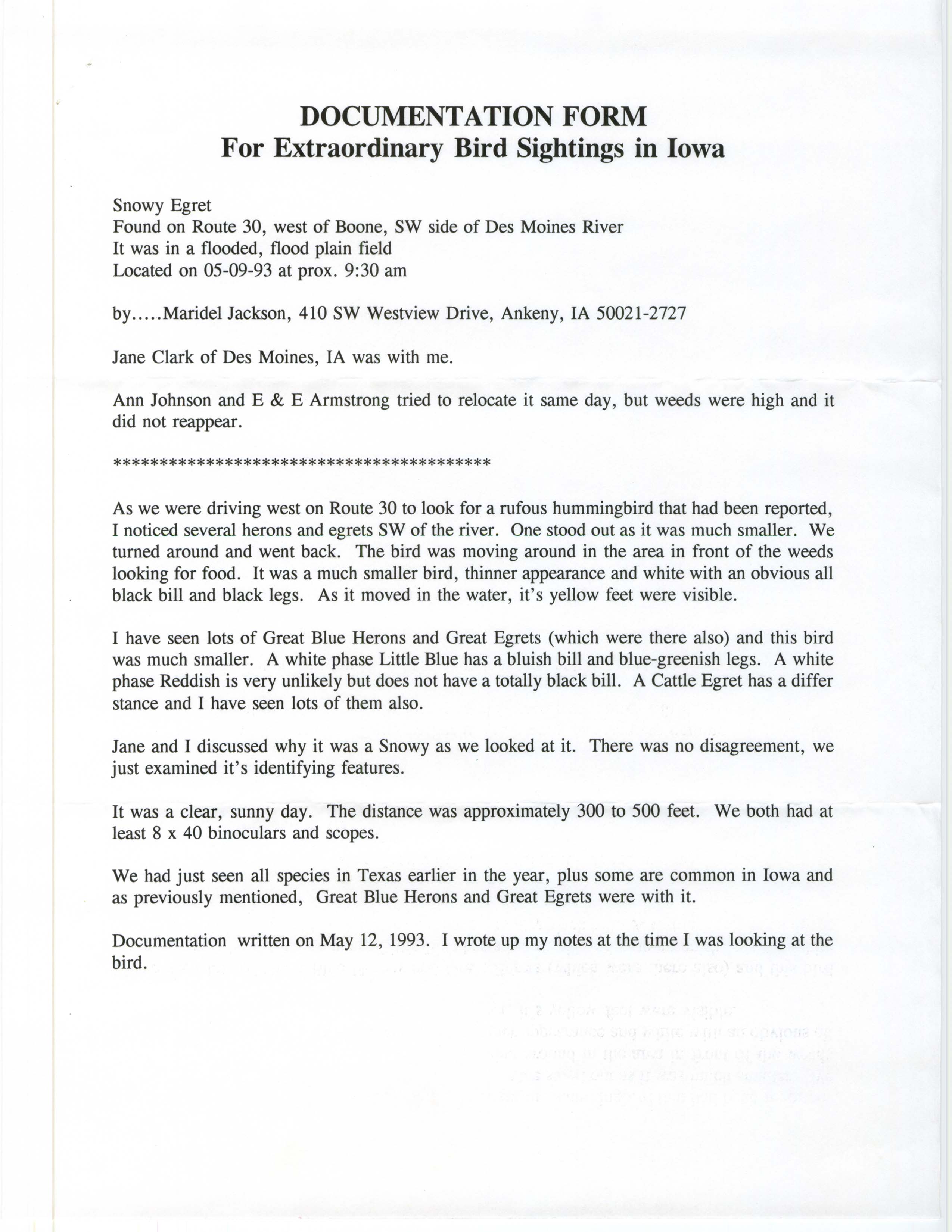 Rare bird documentation form for Snowy Egret west of Boone on the Des Moines River, 1993