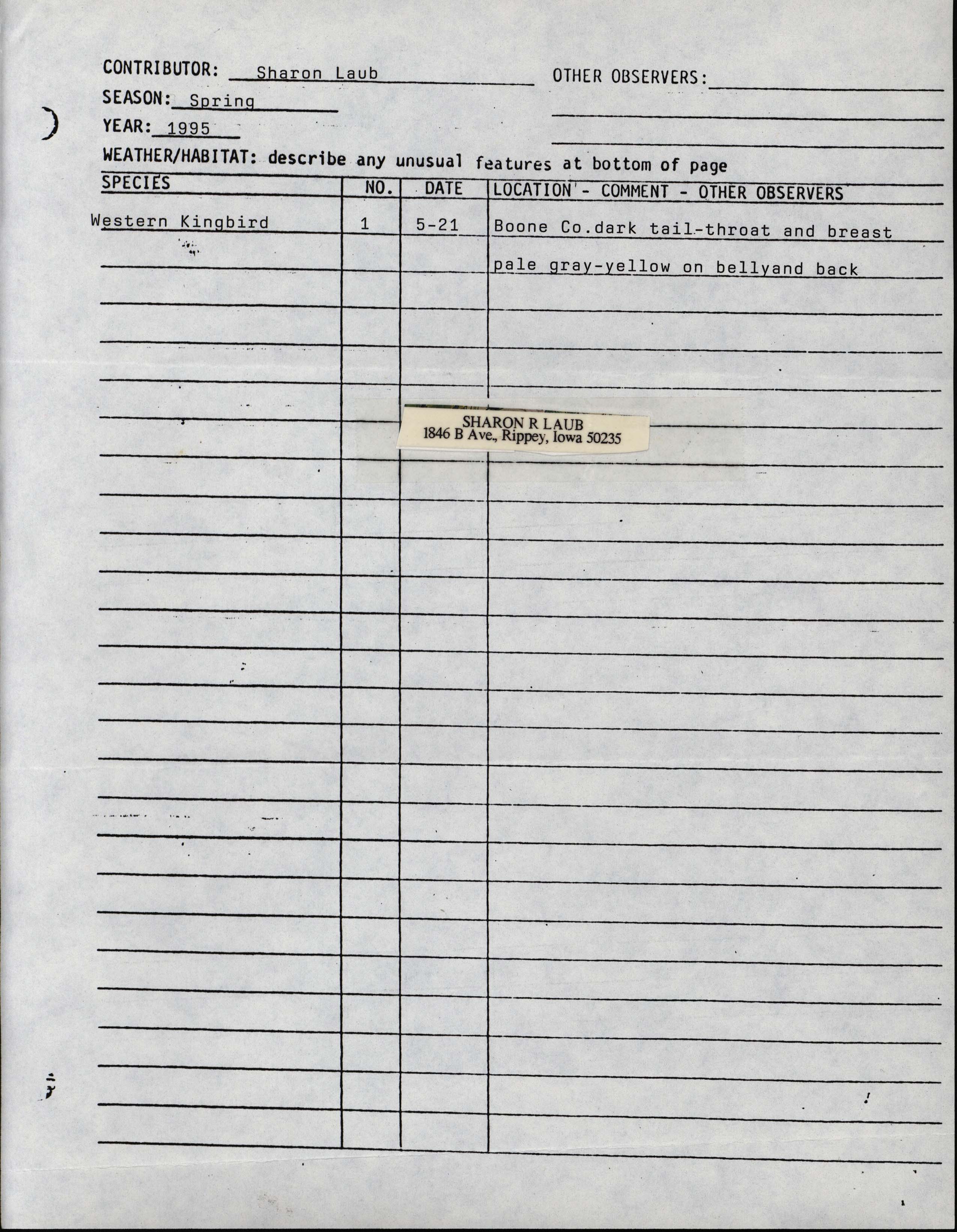 Field reports form for submitting seasonal observations of Iowa birds, spring 1995, Sharon Laub