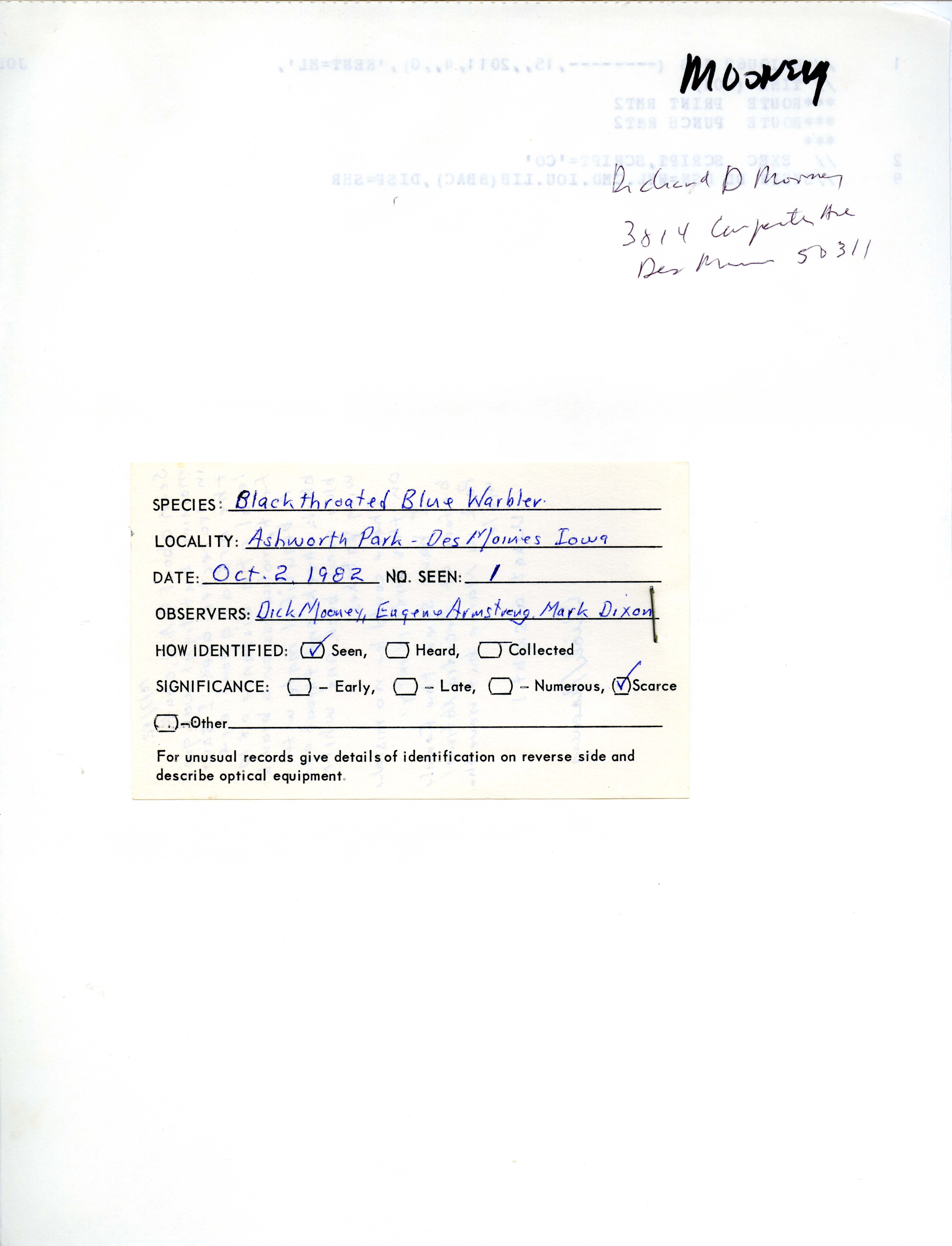 Field notes contributed by Richard Mooney, October 2, 1982