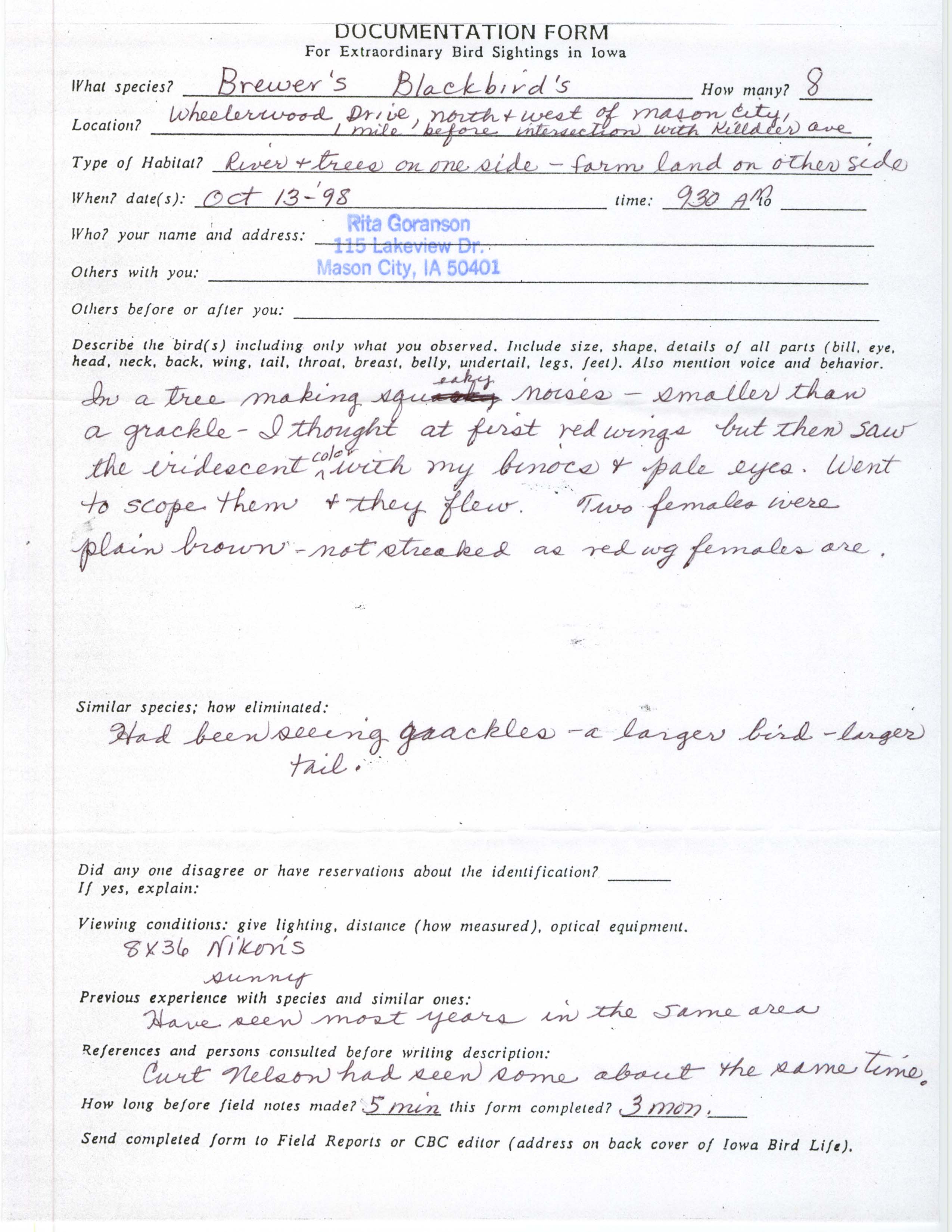 Rare bird documentation form for Brewer's Blackbird northwest of Mason City, 1998