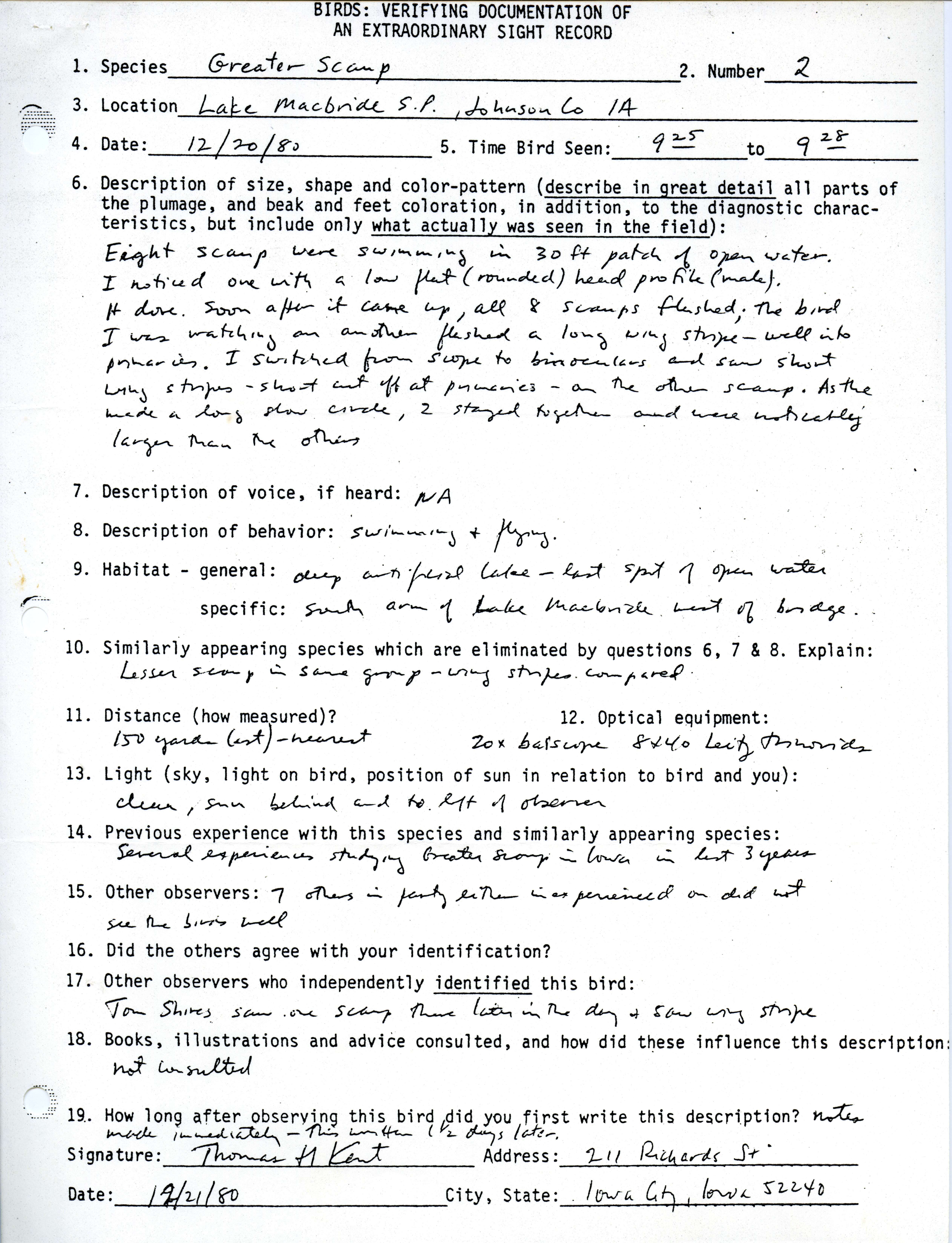 Verifying documentation form for Greater Scaup sighting submitted by Thomas H. Kent, December 20 1980