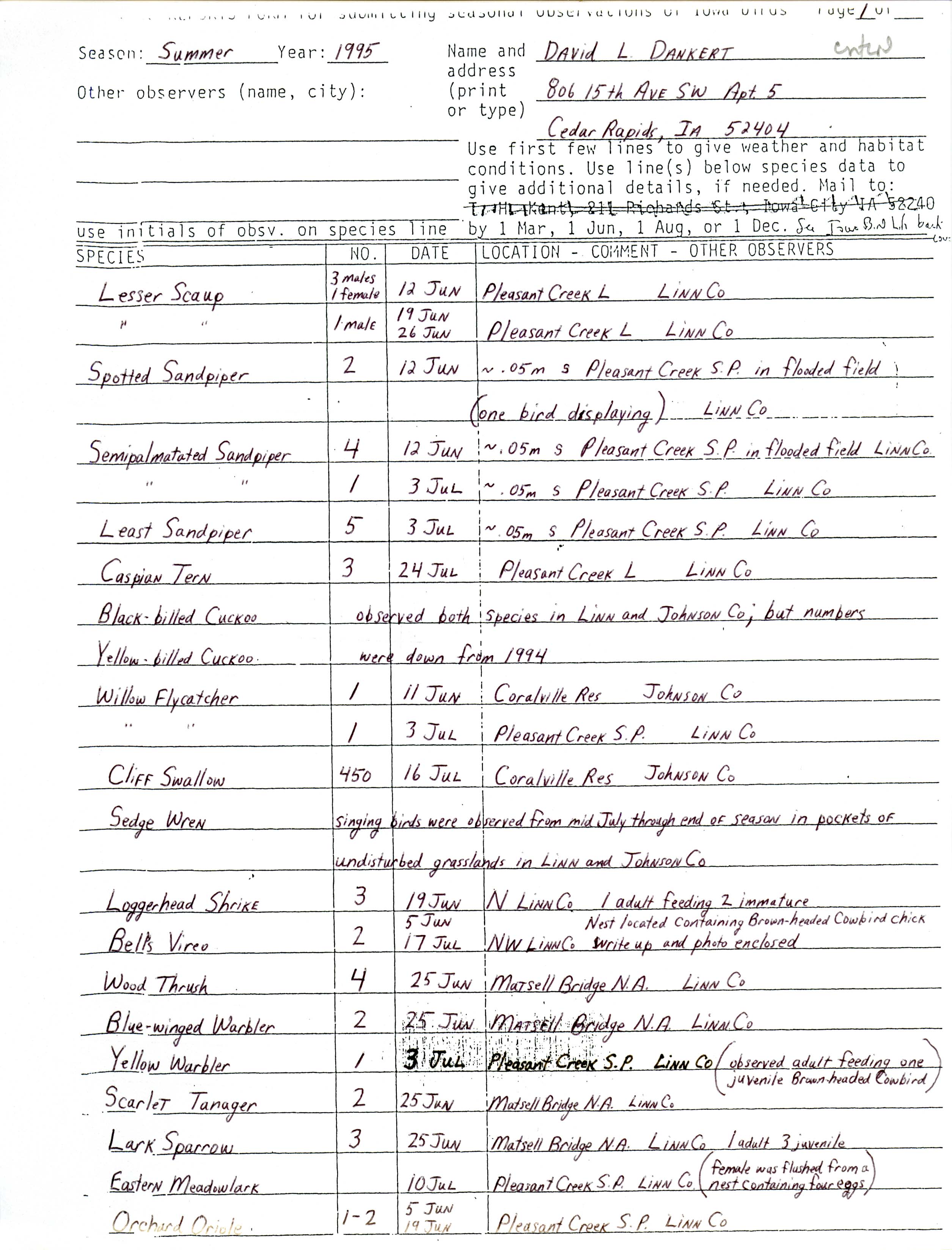 Field reports form for submitting seasonal observations of Iowa birds, summer 1995, David Dankert