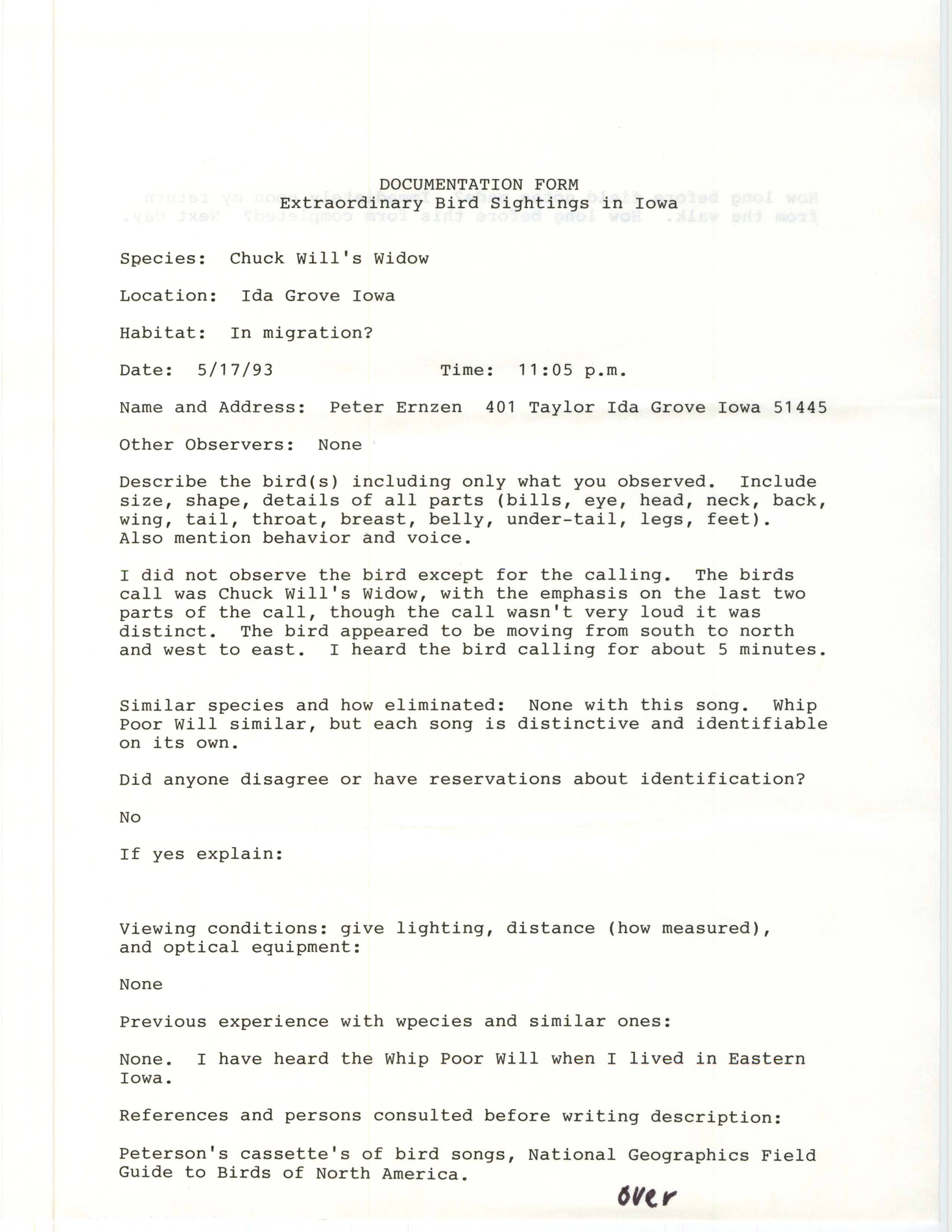 Rare bird documentation form for Chuck-will's Widow at Ida Grove, 1993