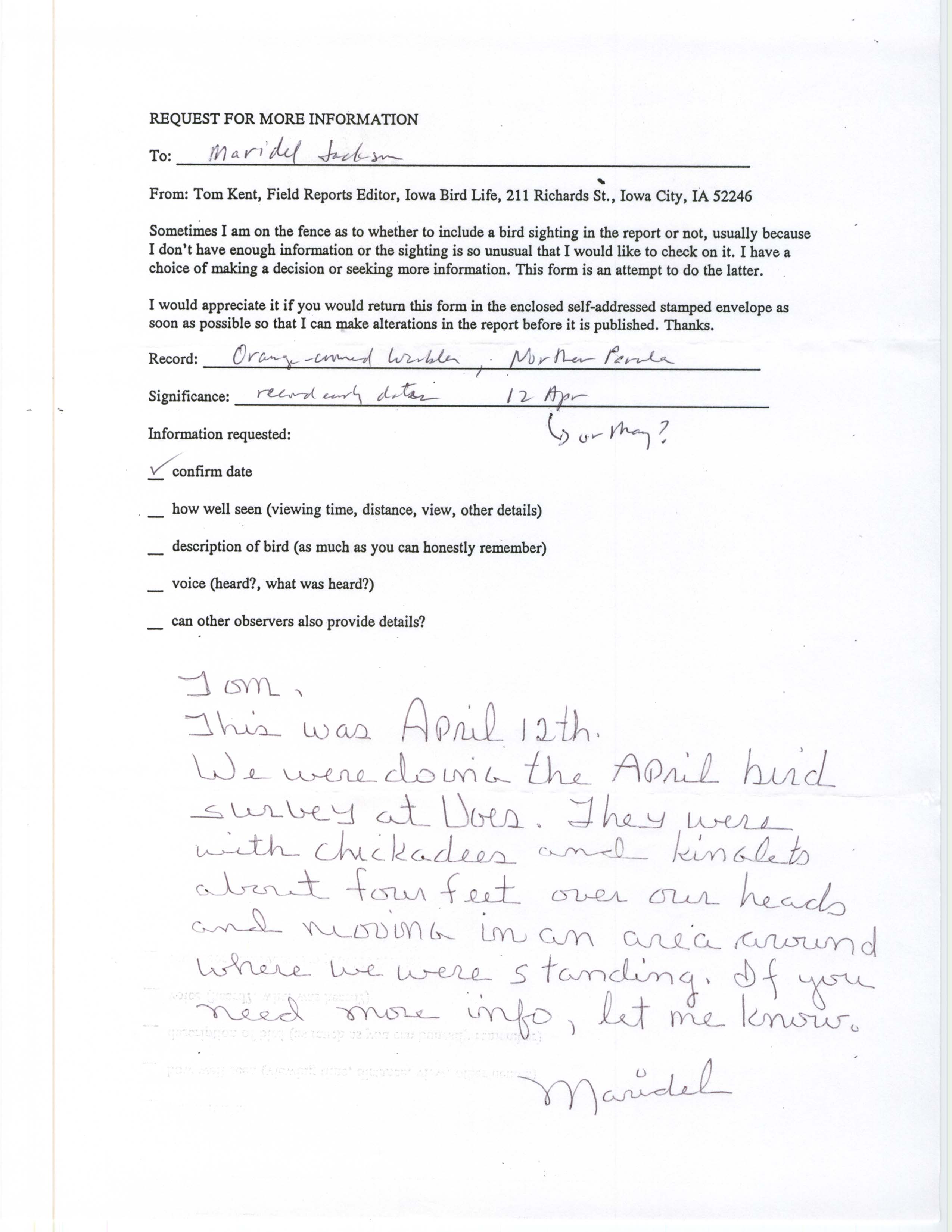 Thomas Kent letter to Maridel Jackson regarding request for more information, spring 1998