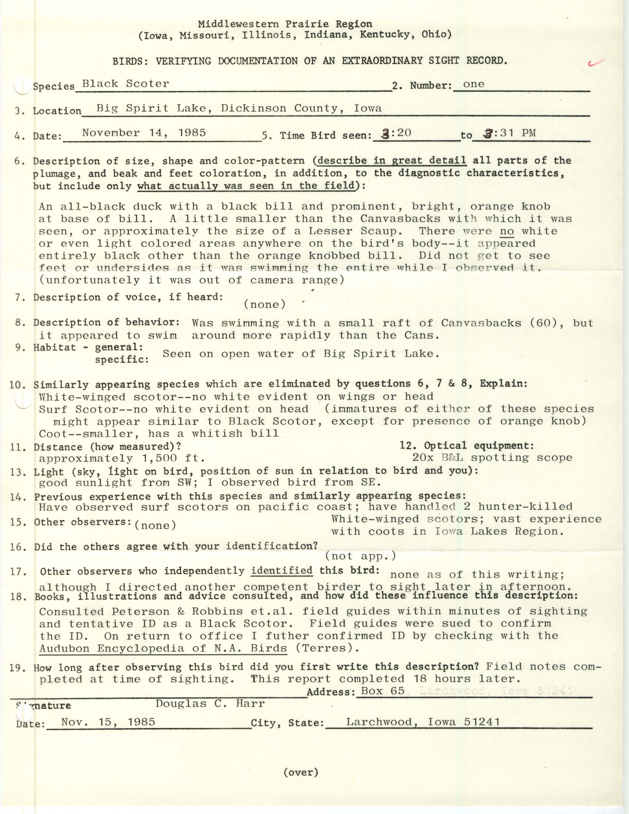 Rare bird documentation form for Black Scoter at Big Spirit Lake, 1985