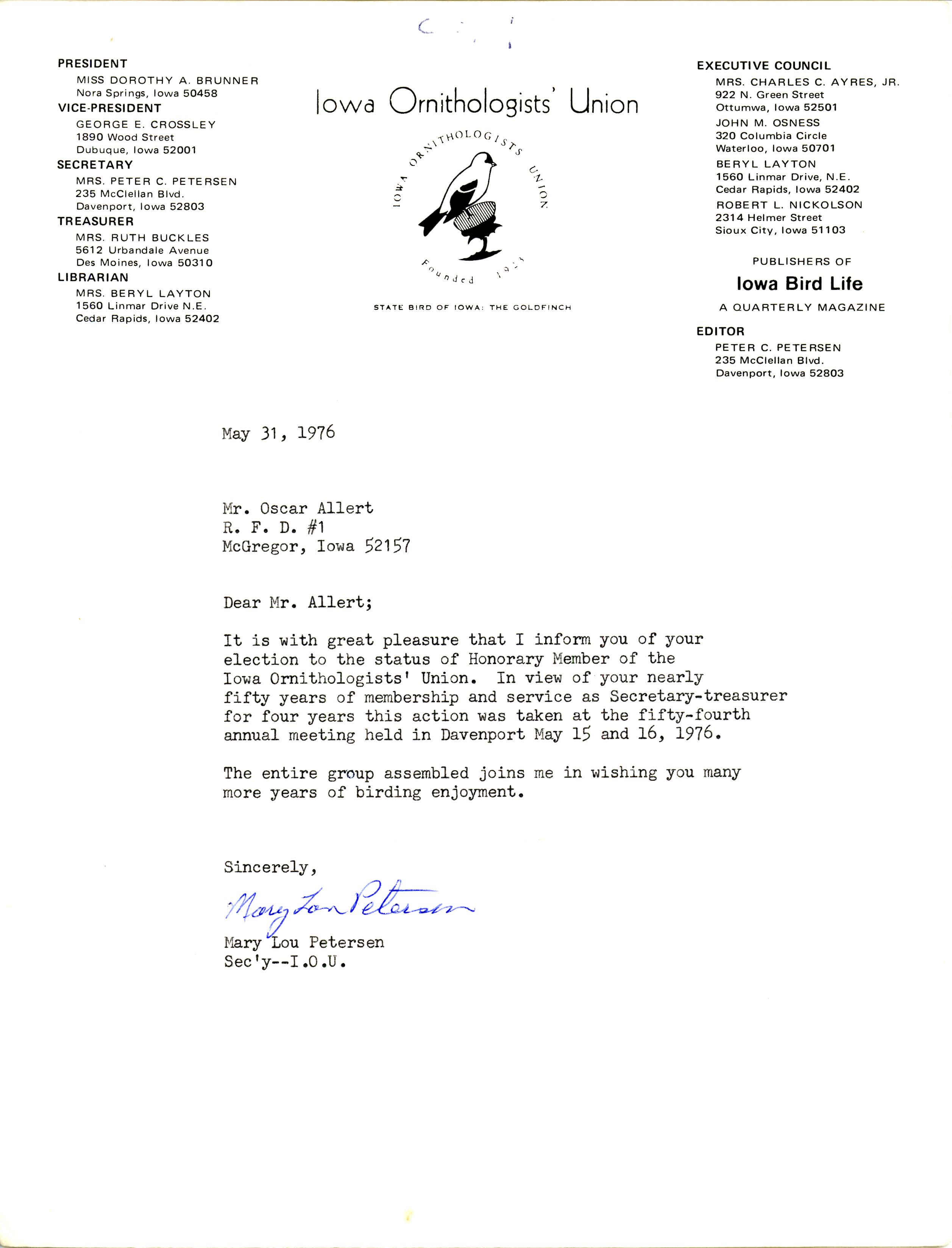 Mary Lou Petersen letter to Oscar Allert regarding honorary membership in the Iowa Ornithologists' Union, May 31, 1976