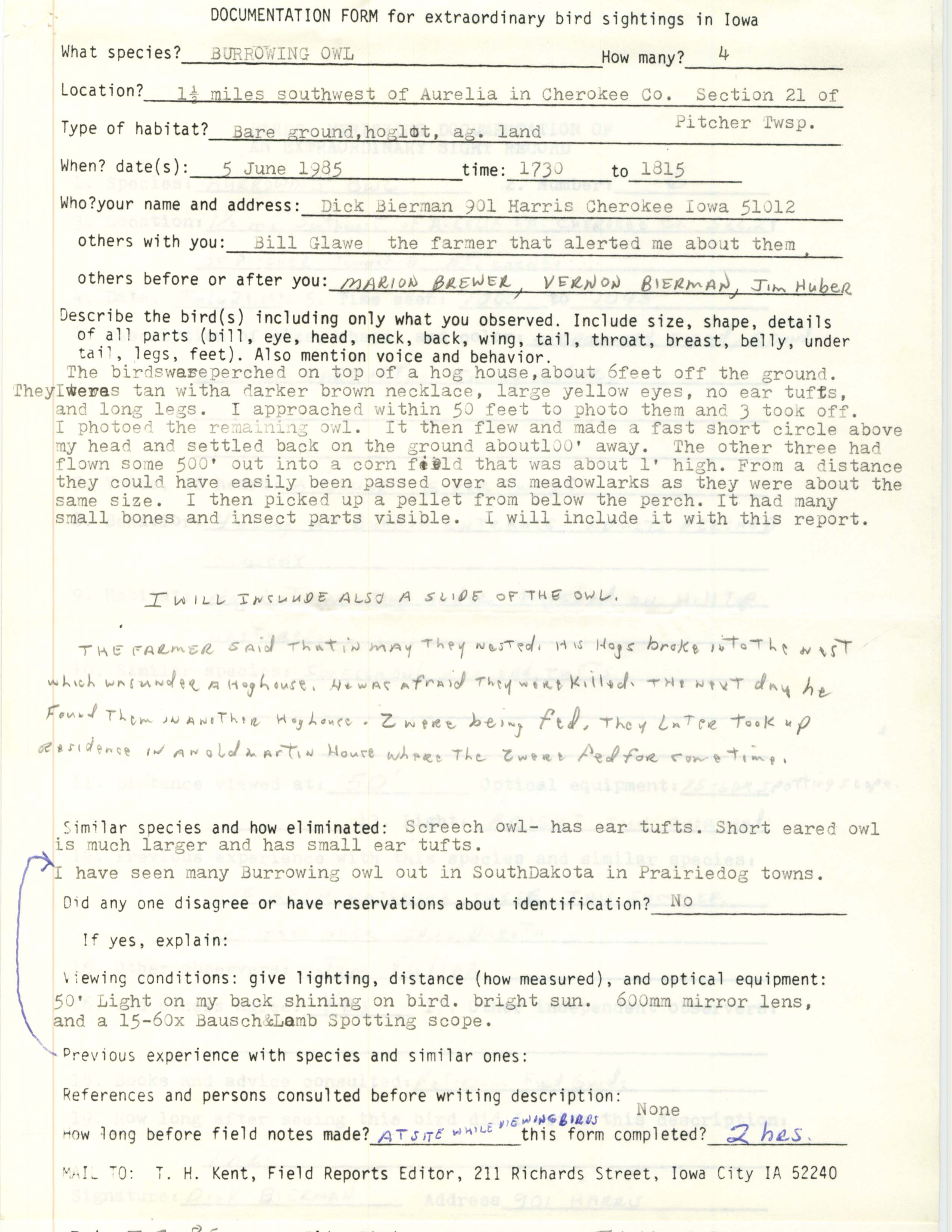 Rare bird documentation form for Burrowing Owl at Pitcher Township in Cherokee County, 1985