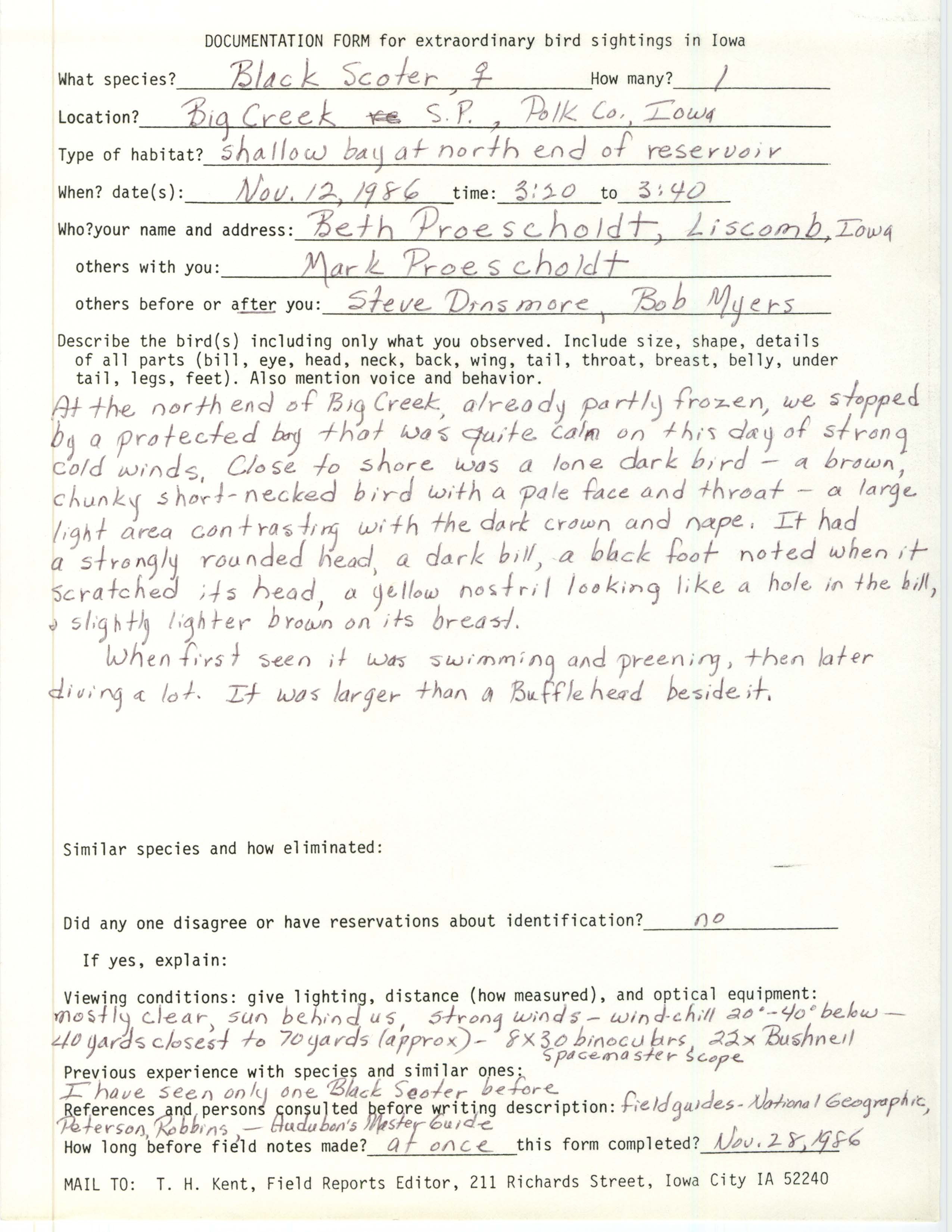 Rare bird documentation form for Black Scoter at Big Creek State Park in 1986