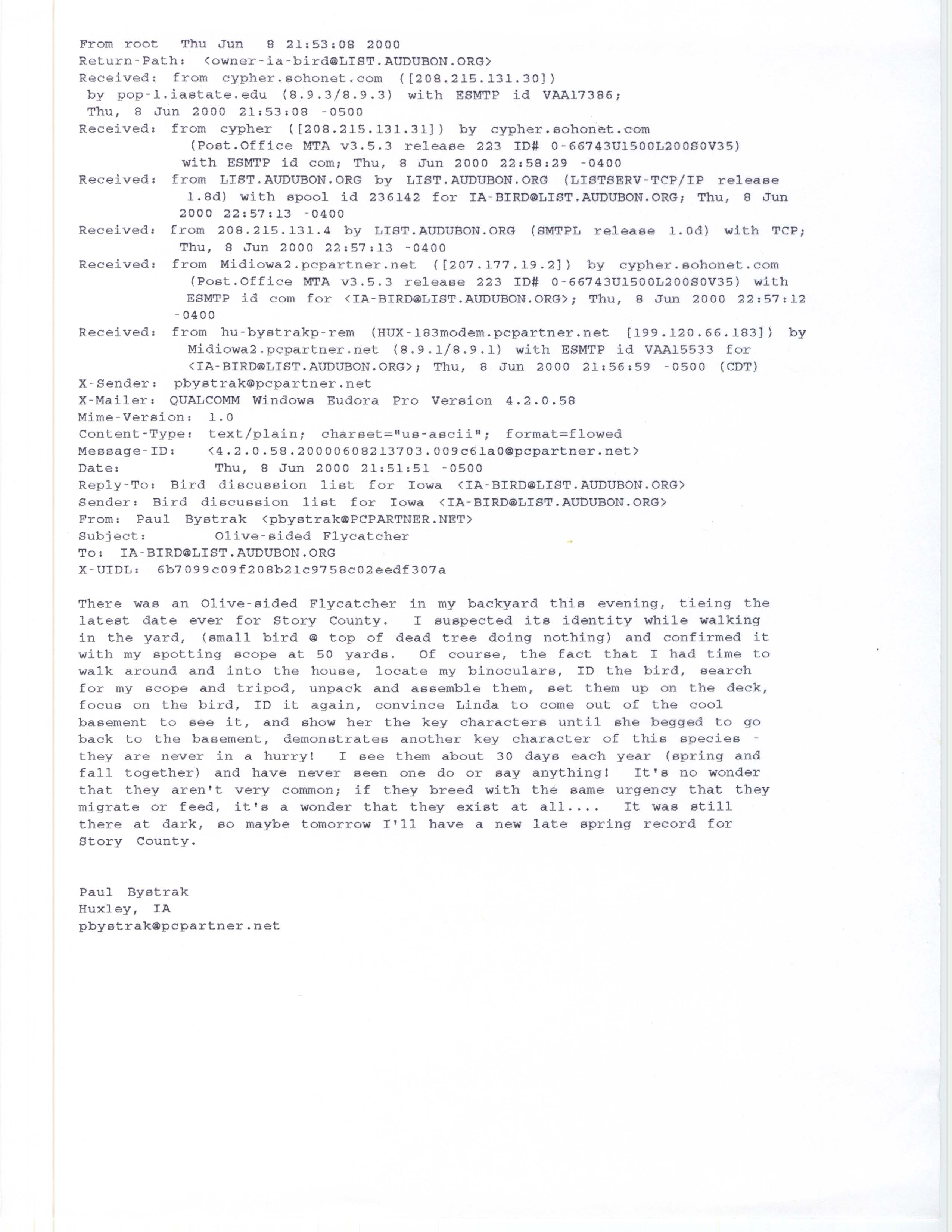Paul G. Bystrak email to the IA-BIRD mailing list regarding an Olive-sided Flycatcher sighting, June 8, 2000