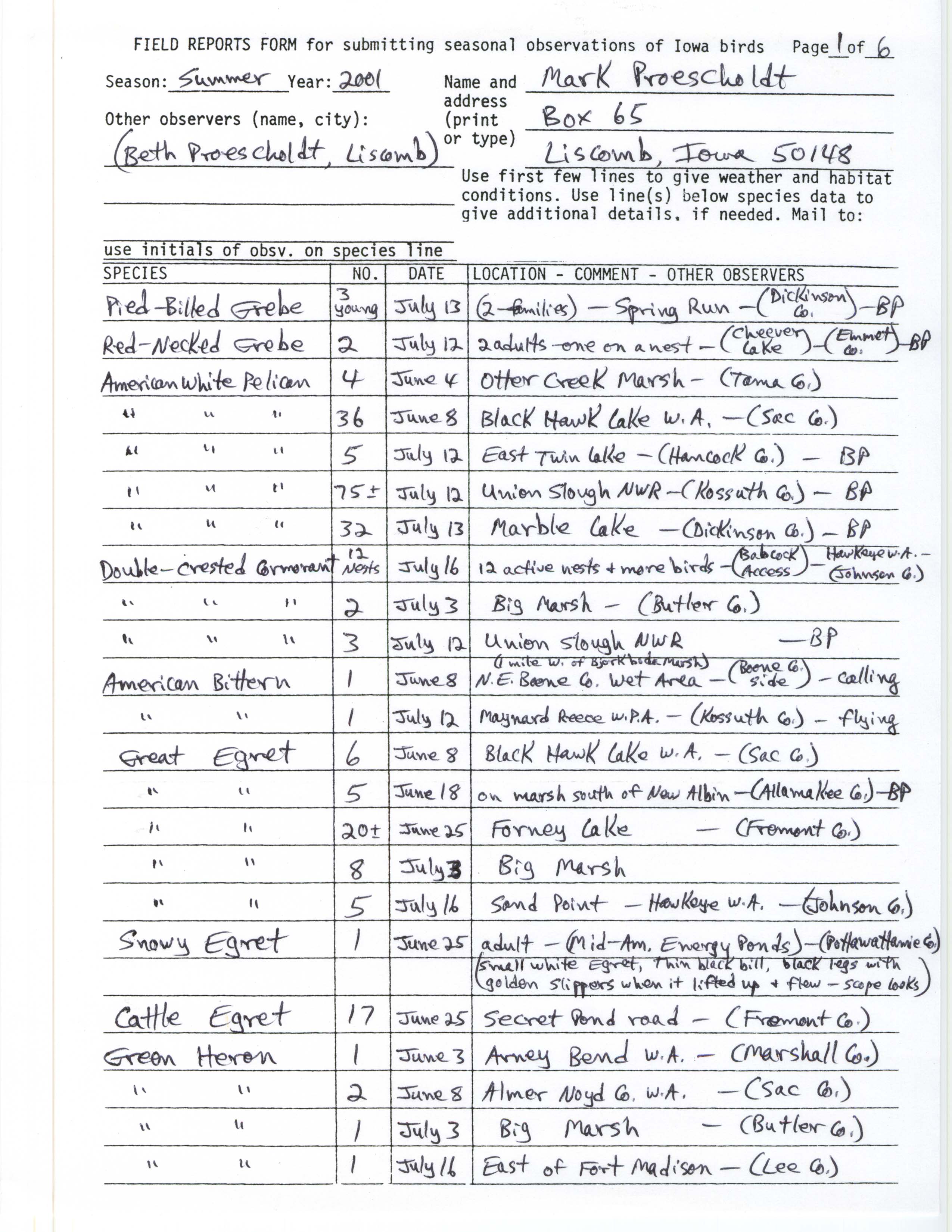 Field reports form for submitting seasonal observations of Iowa birds, Mark Proescholdt, summer 2001
